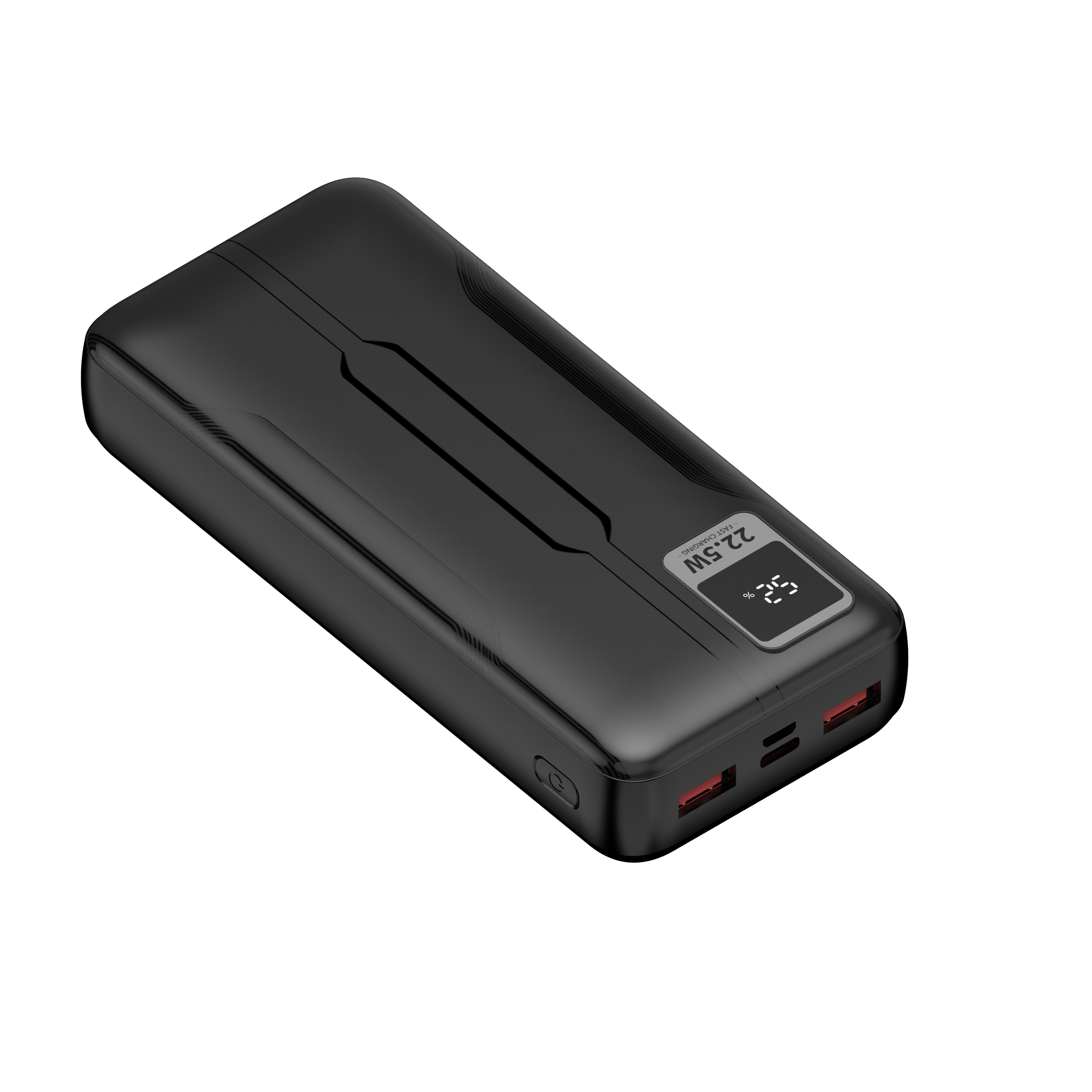 Power bank nero con due porte USB e display digitale.
