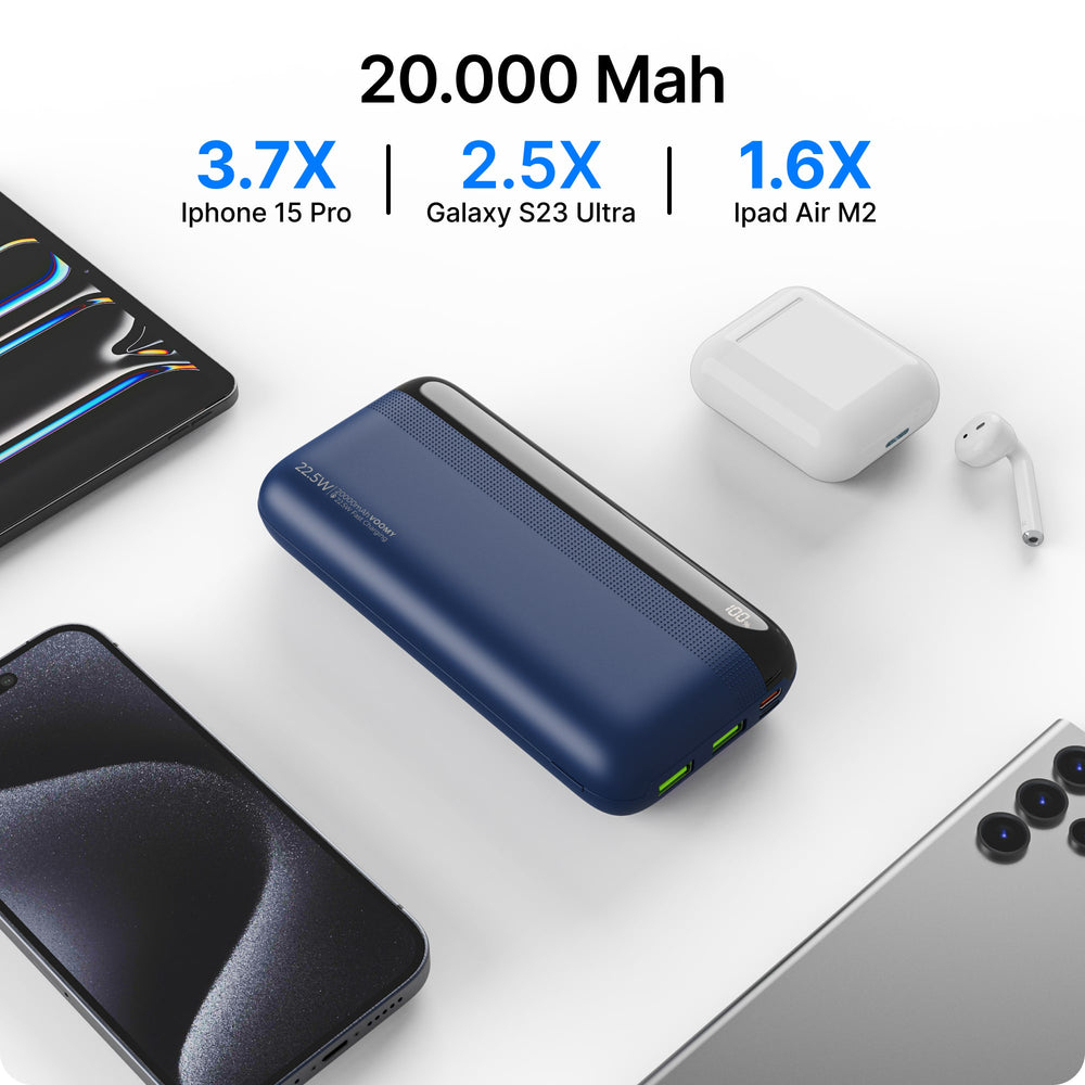 Eine dunkelblaue Powerbank mit 20.000 mAh, daneben ein Smartphone, ein Tablet und Ohrhörer.