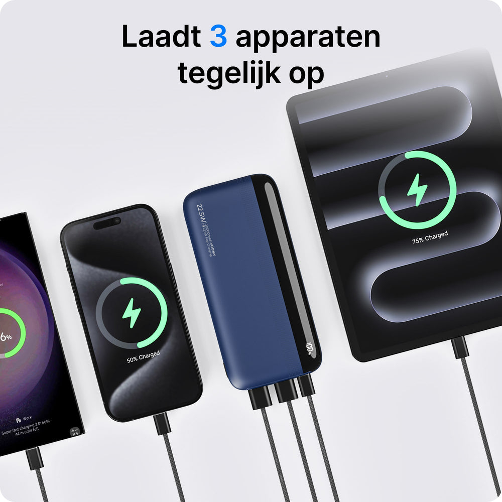 Blauer Powerbank lädt drei Geräte: Smartphone (50%), Tablet (75%) und ein drittes Gerät (6%).