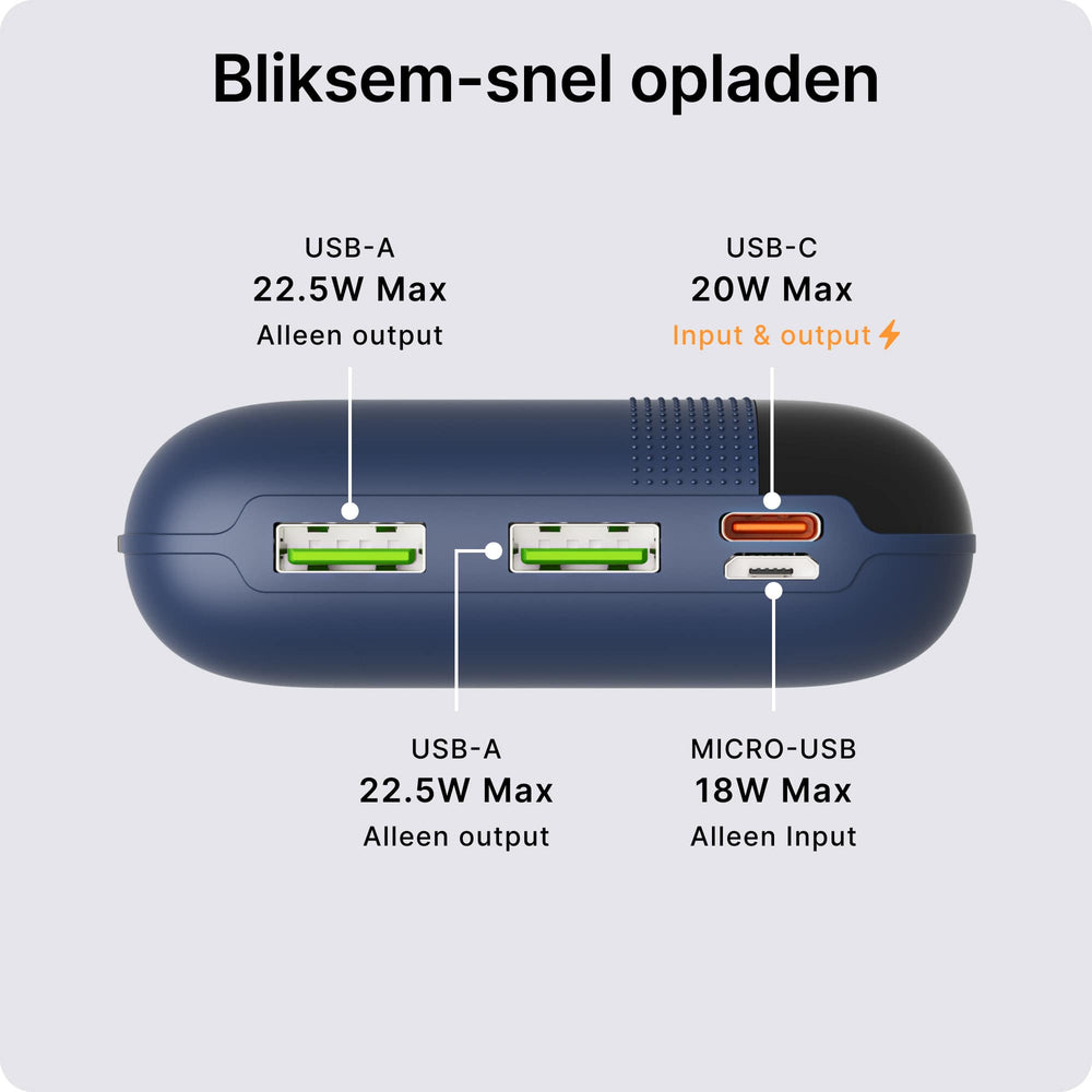 Ein dunkles blaues Ladegerät mit zwei USB-A, einem USB-C und einem Micro-USB-Anschluss.