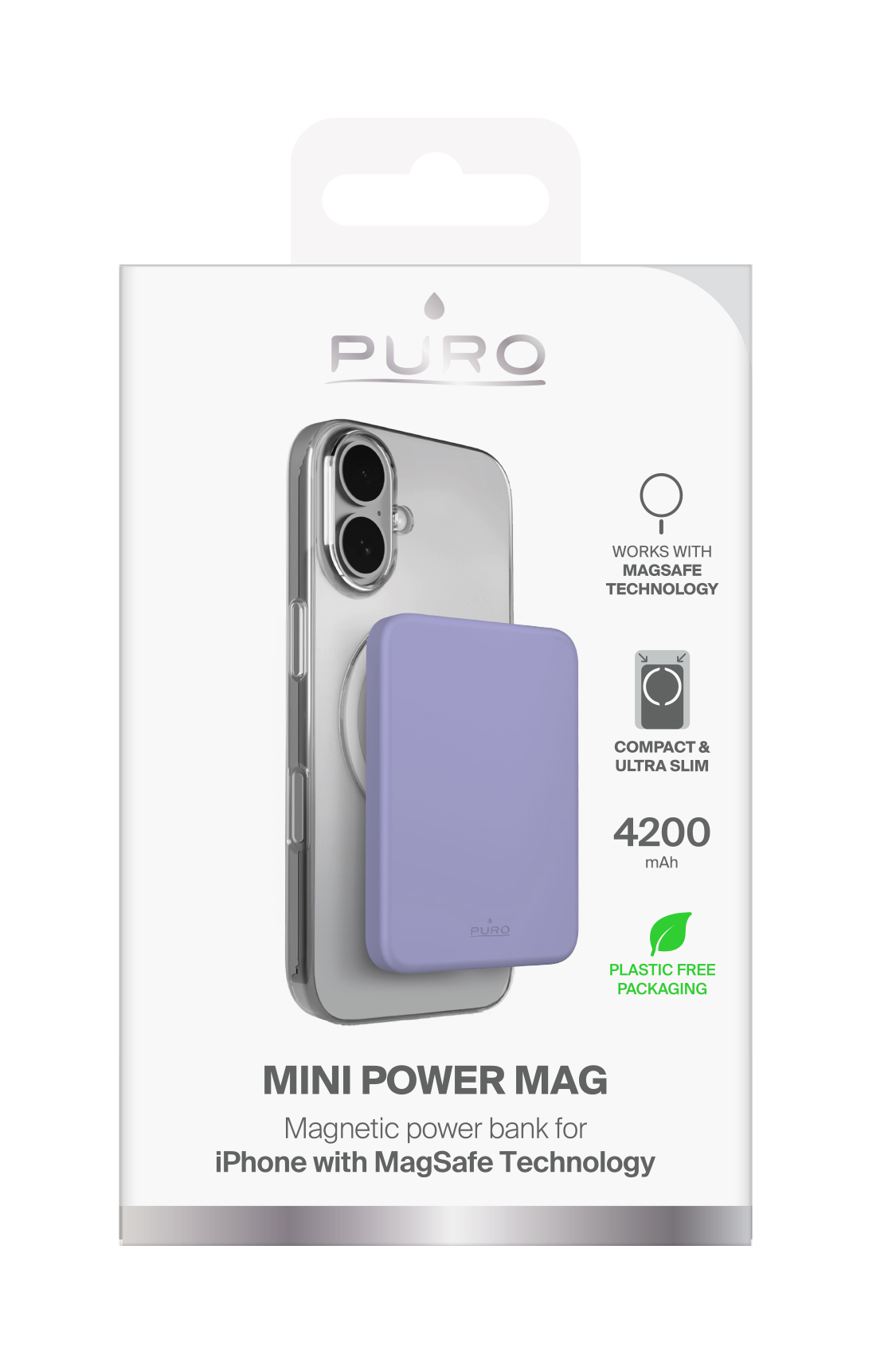 Lila MagSafe Powerbank für iPhone, 4200mAh, kompakt und schlank.