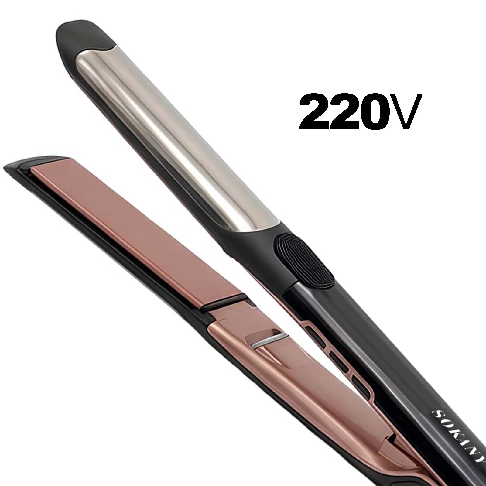 Ein schwarzer und roségoldener Haarglätter mit 220V-Aufschrift.
