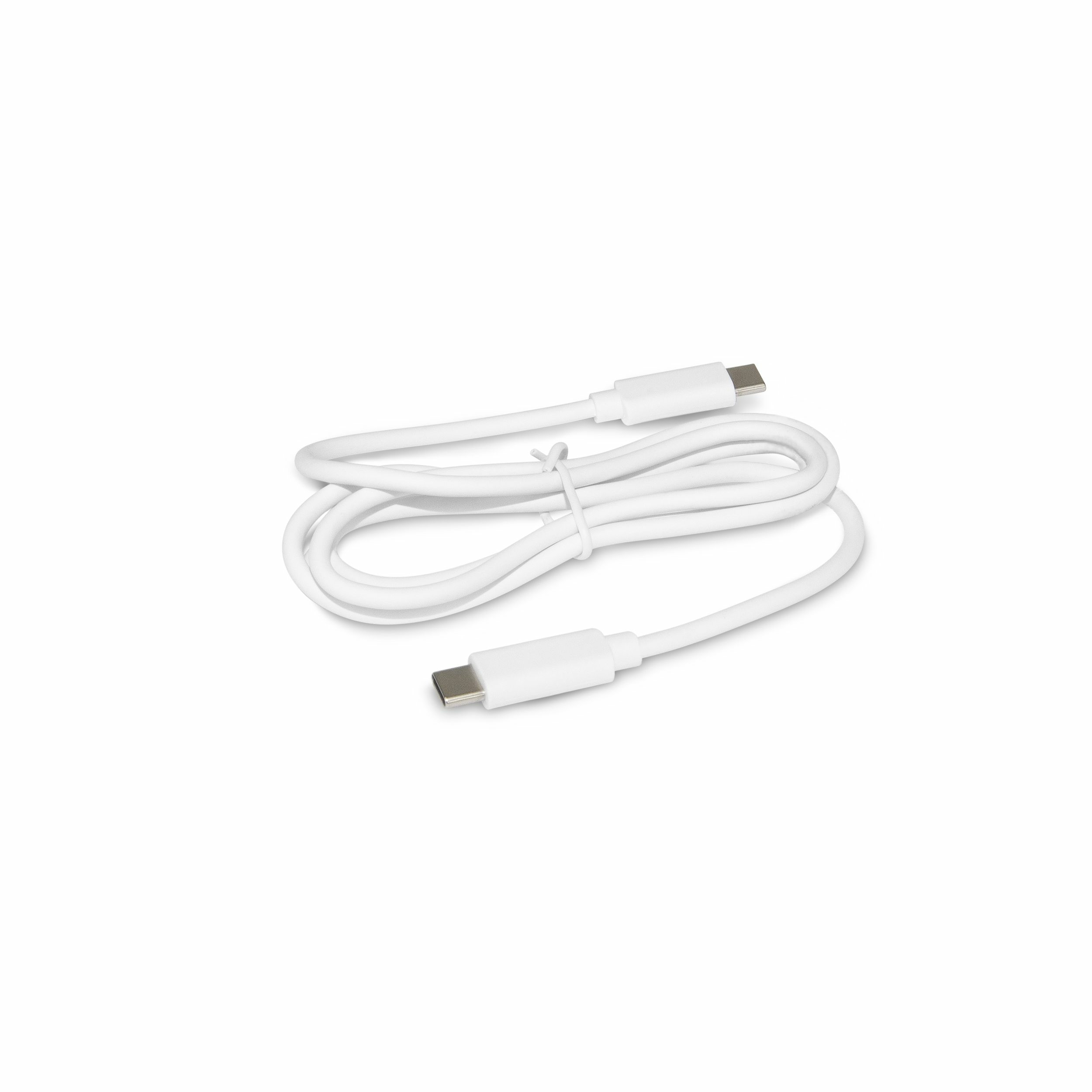Een witte USB-C kabel met twee connectoren, op een witte achtergrond.