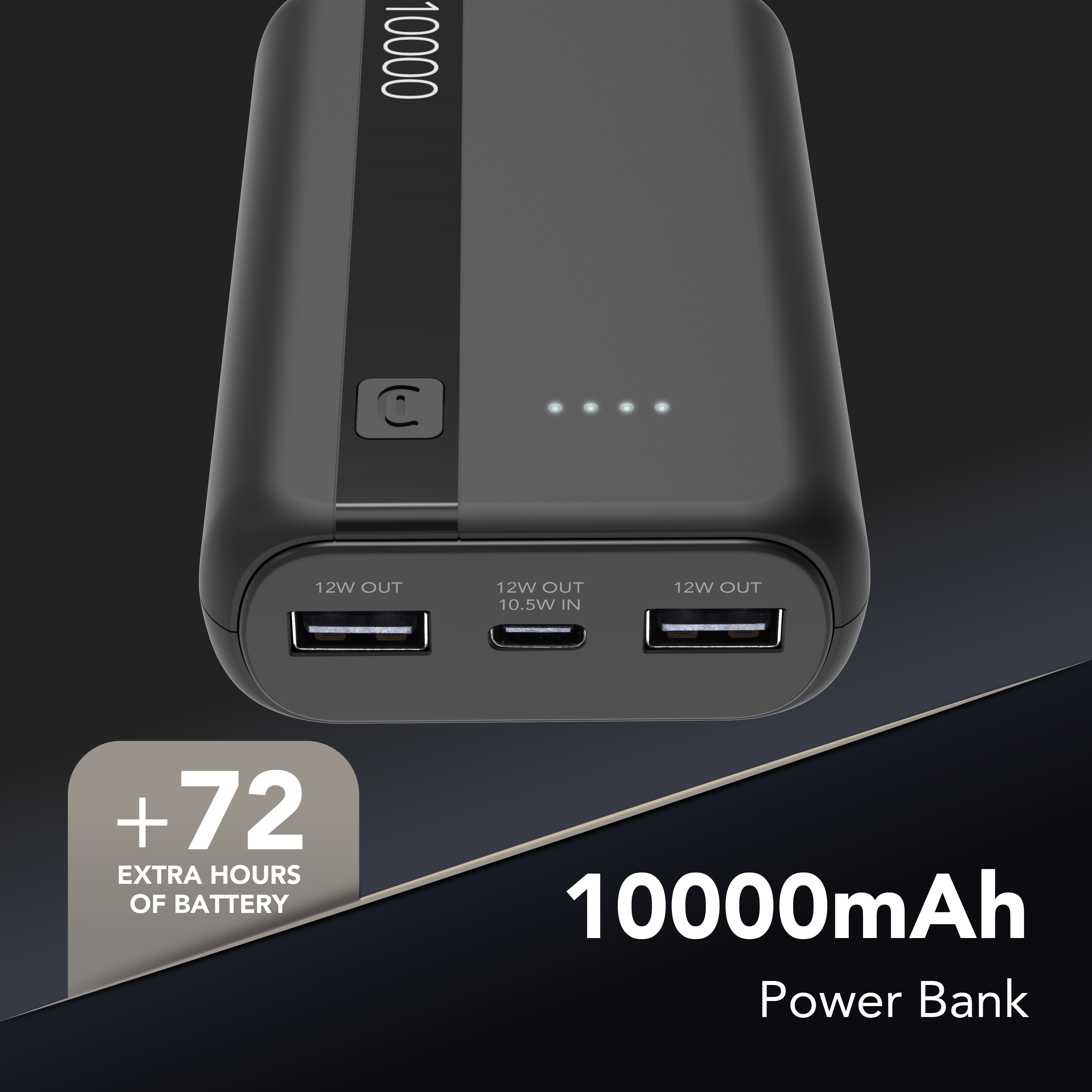 Schwarze 10000mAh Powerbank mit zwei USB-A- und einem USB-C-Anschluss.