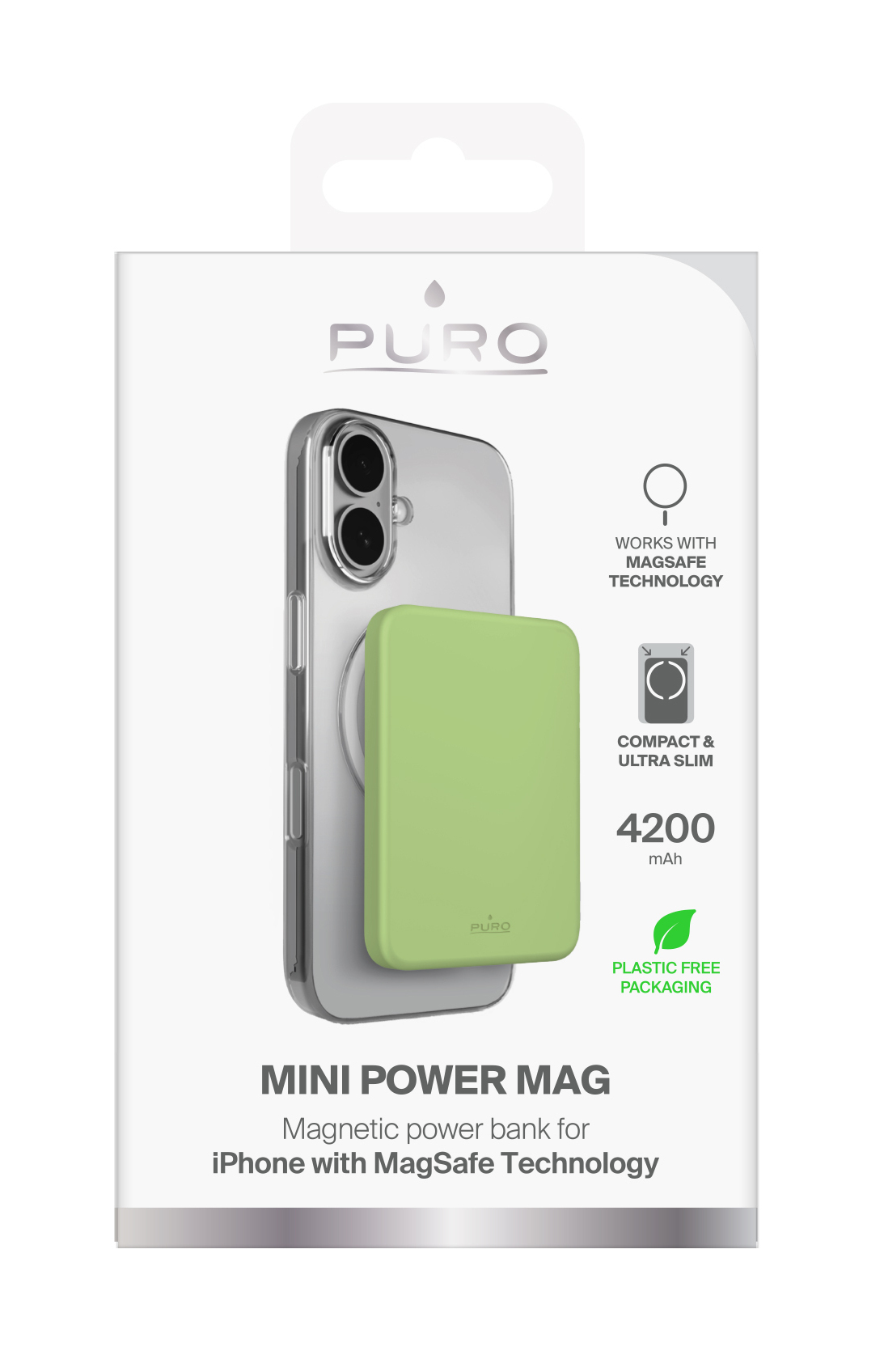 Grüne Puro Powerbank für iPhone mit MagSafe-Technologie, 4200 mAh.