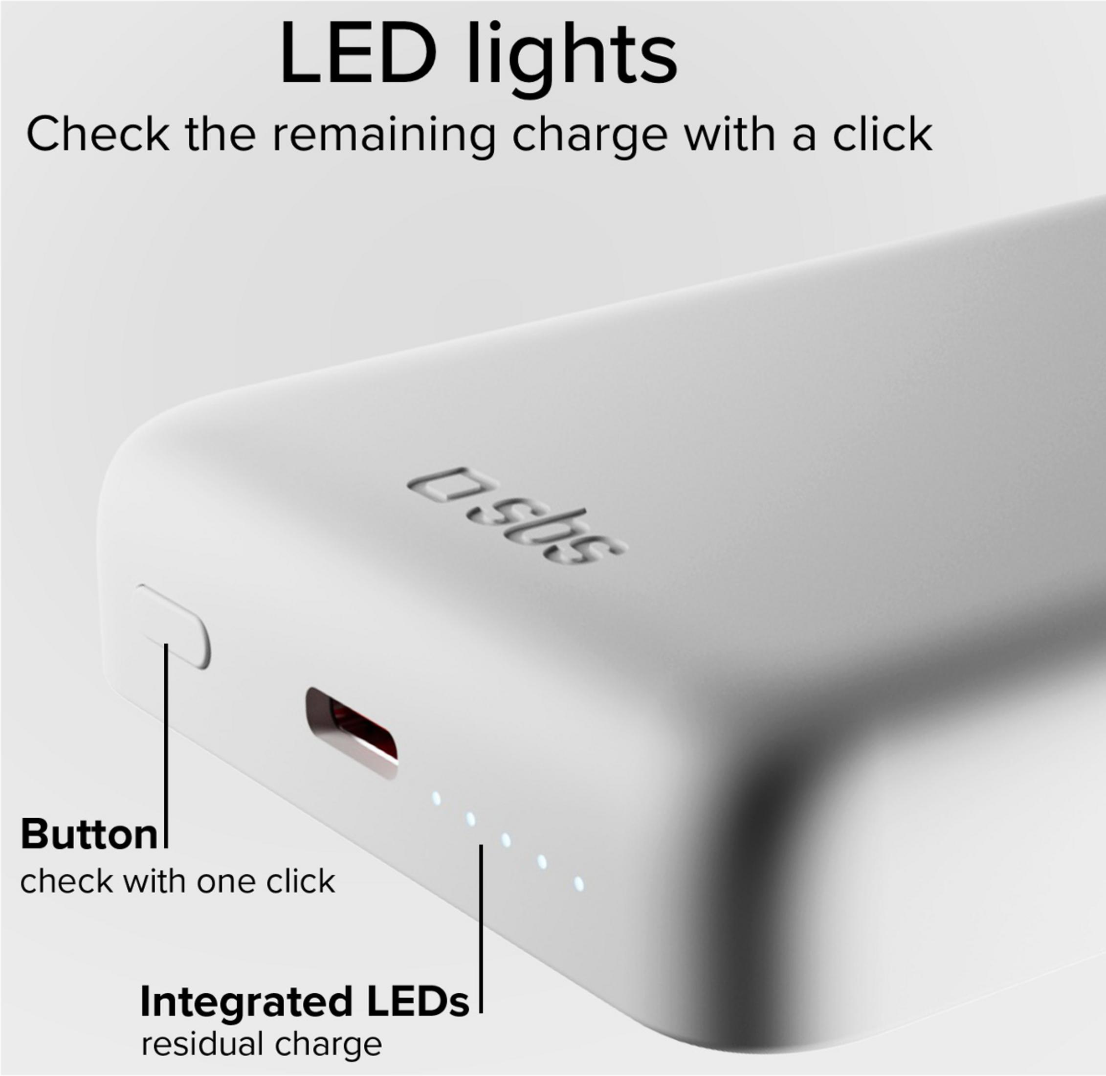 Power bank bianca con pulsante e indicatori LED di carica.