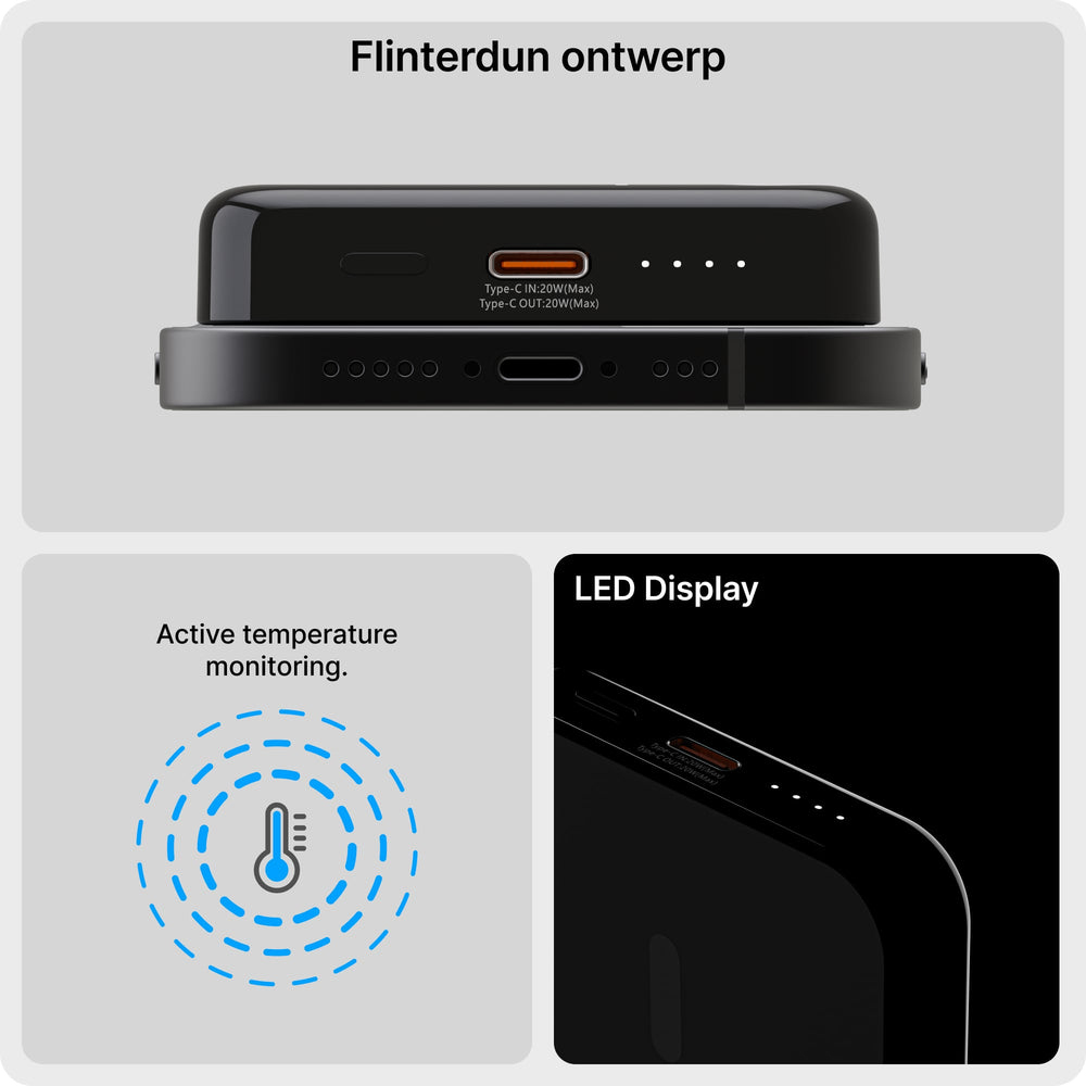 Design sottile: un power bank nero su un telefono nero con porte di tipo C.
