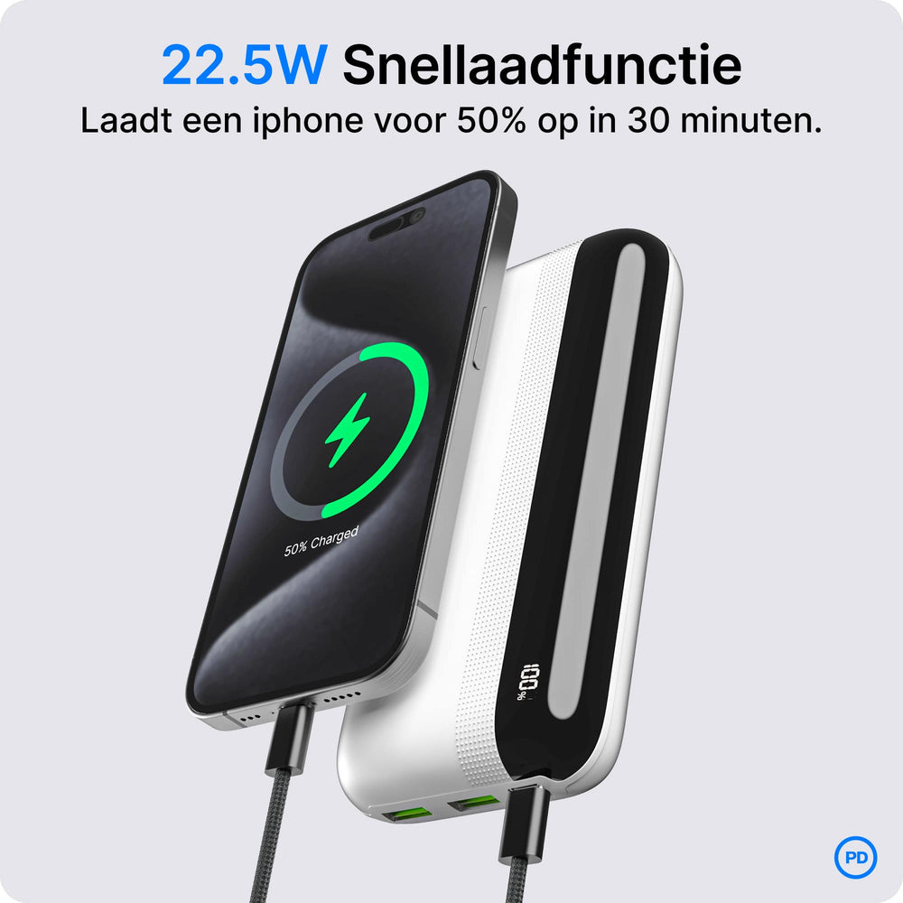 Ein iPhone wird schnell mit 22,5W geladen. Der Akku ist zu 50% geladen.