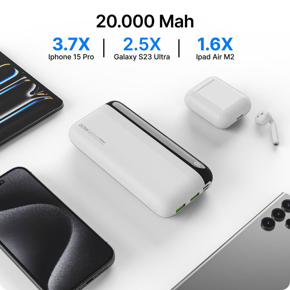 Weiße 20.000 mAh Powerbank mit Handys und Ohrhörern. 22,5W Schnellladung.