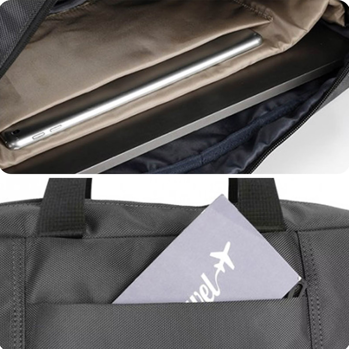 Ein Laptop ist in einer Tasche, unten eine graue Karte mit "Travel" im Fach.