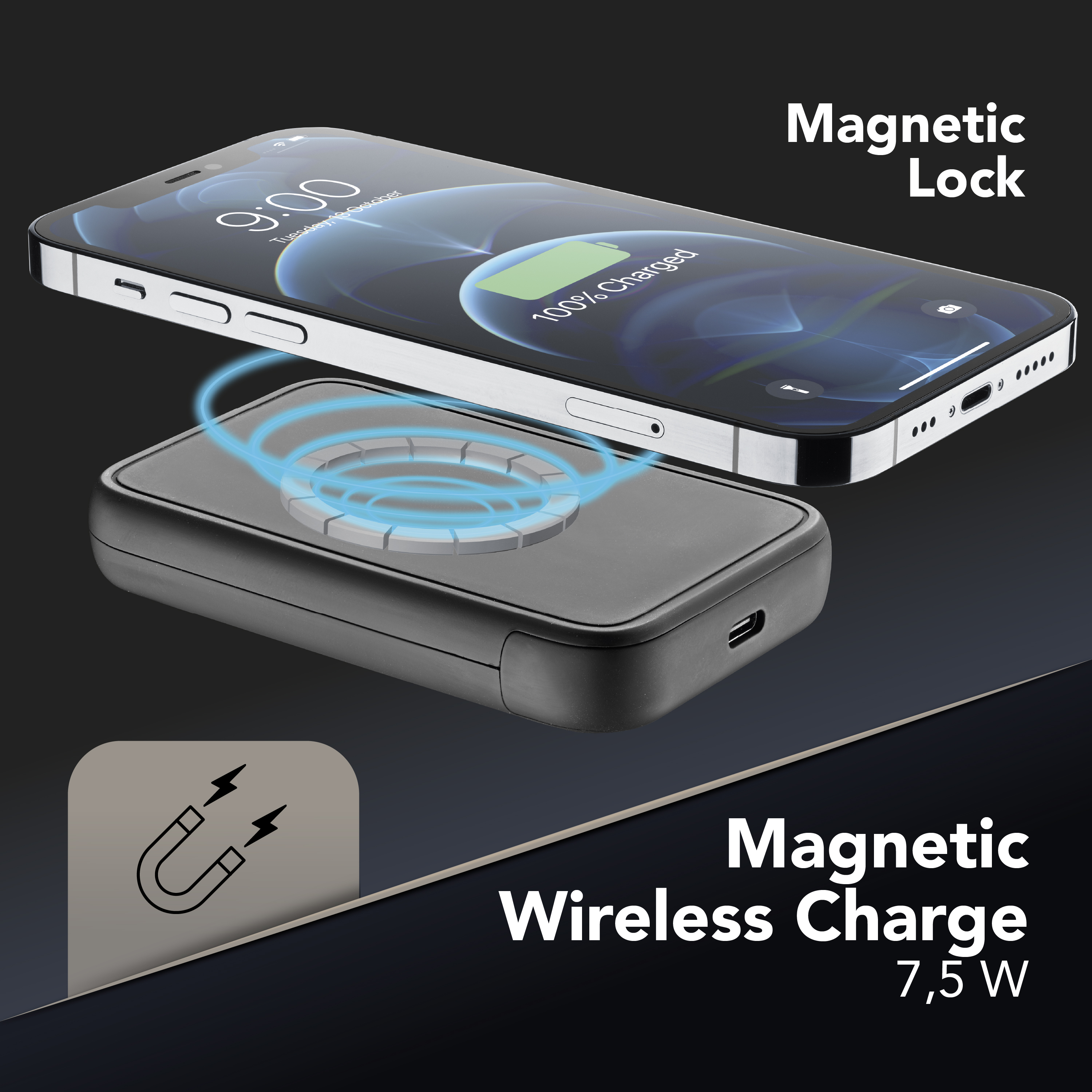 Uno smartphone si ricarica wireless su una base di ricarica nera.