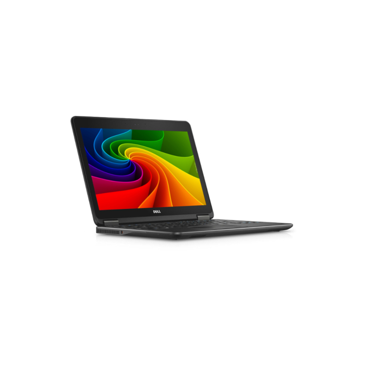 Ein schwarzer Dell Laptop mit einem farbenfrohen, wirbelnden Hintergrund auf dem Bildschirm.