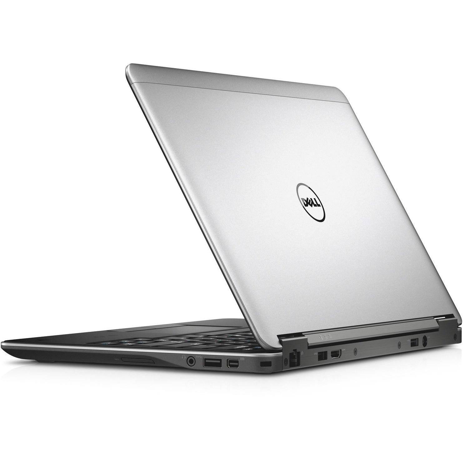 Ein silberner Dell Laptop ist geöffnet, mit Fokus auf die Tastatur und Anschlüsse.