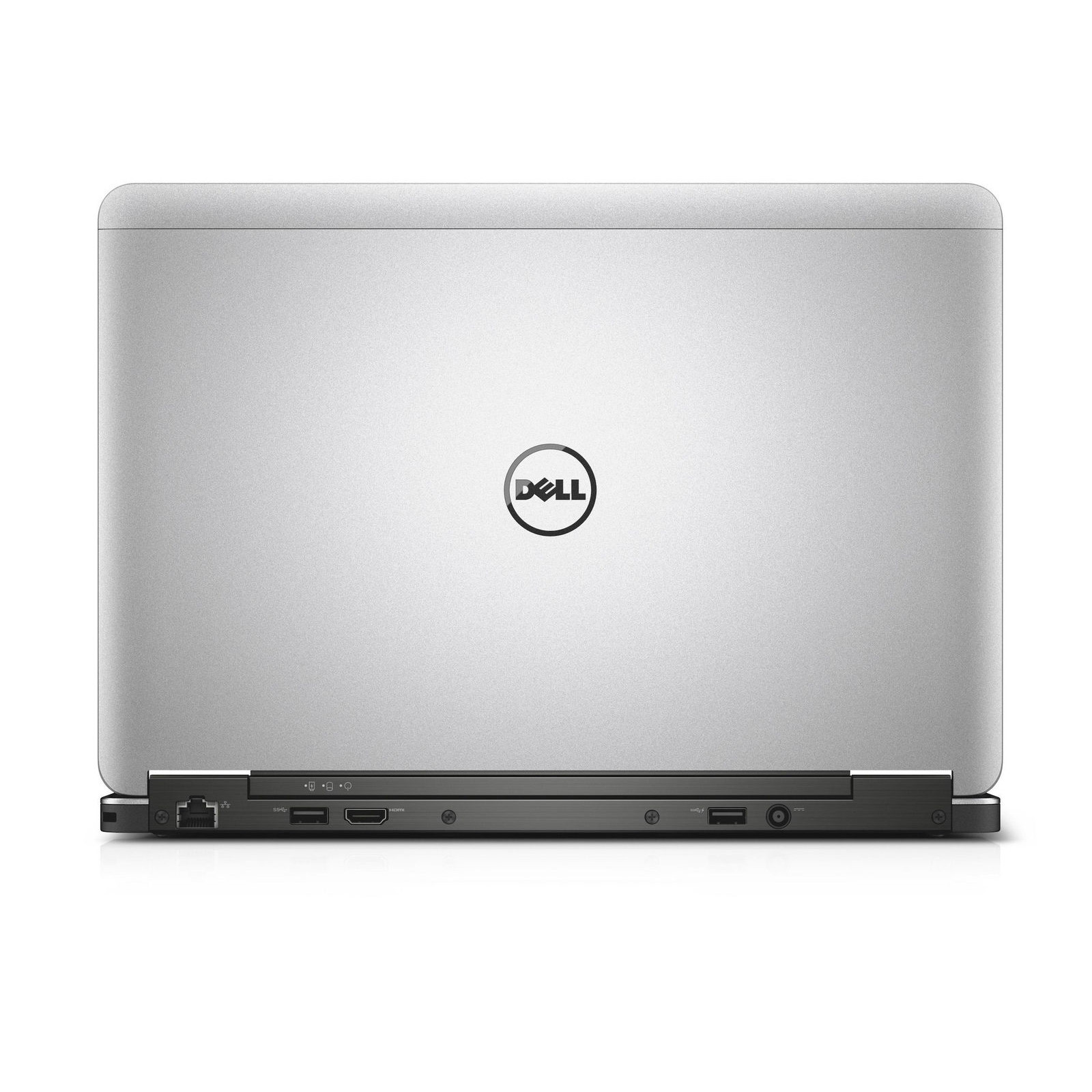 Ein silberner Dell Laptop im geschlossenen Zustand, mit Logo und Anschlüssen.