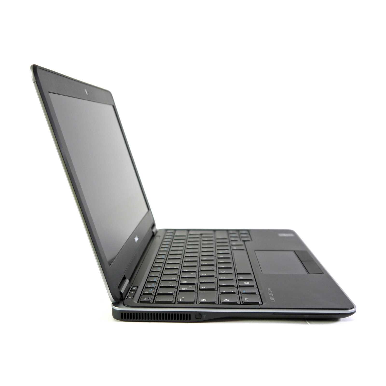 Ein schwarzer Dell Latitude Laptop, von der Seite gesehen, mit geöffnetem Bildschirm.