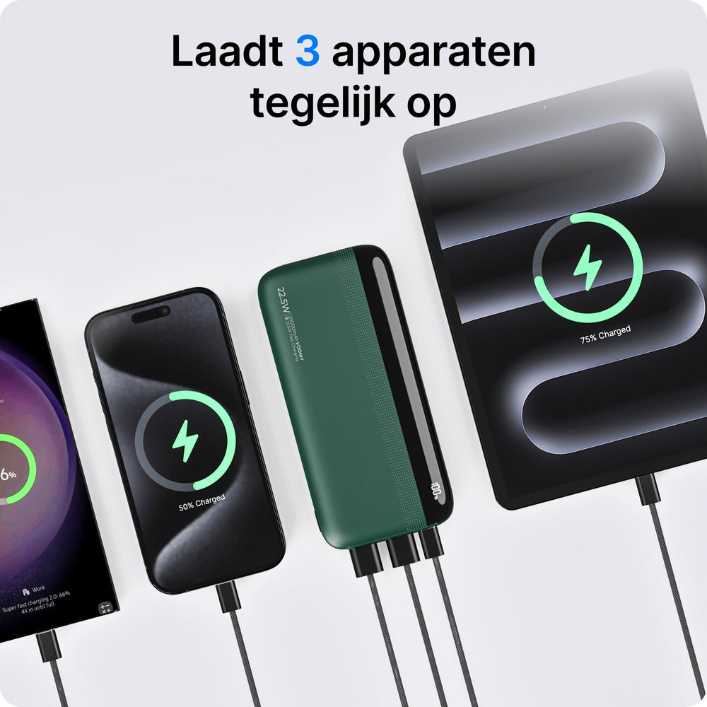 Ein grünes Powerbank lädt drei Geräte auf: ein Smartphone (6% geladen), ein iPhone (50% geladen) und ein Tablet (75% geladen).