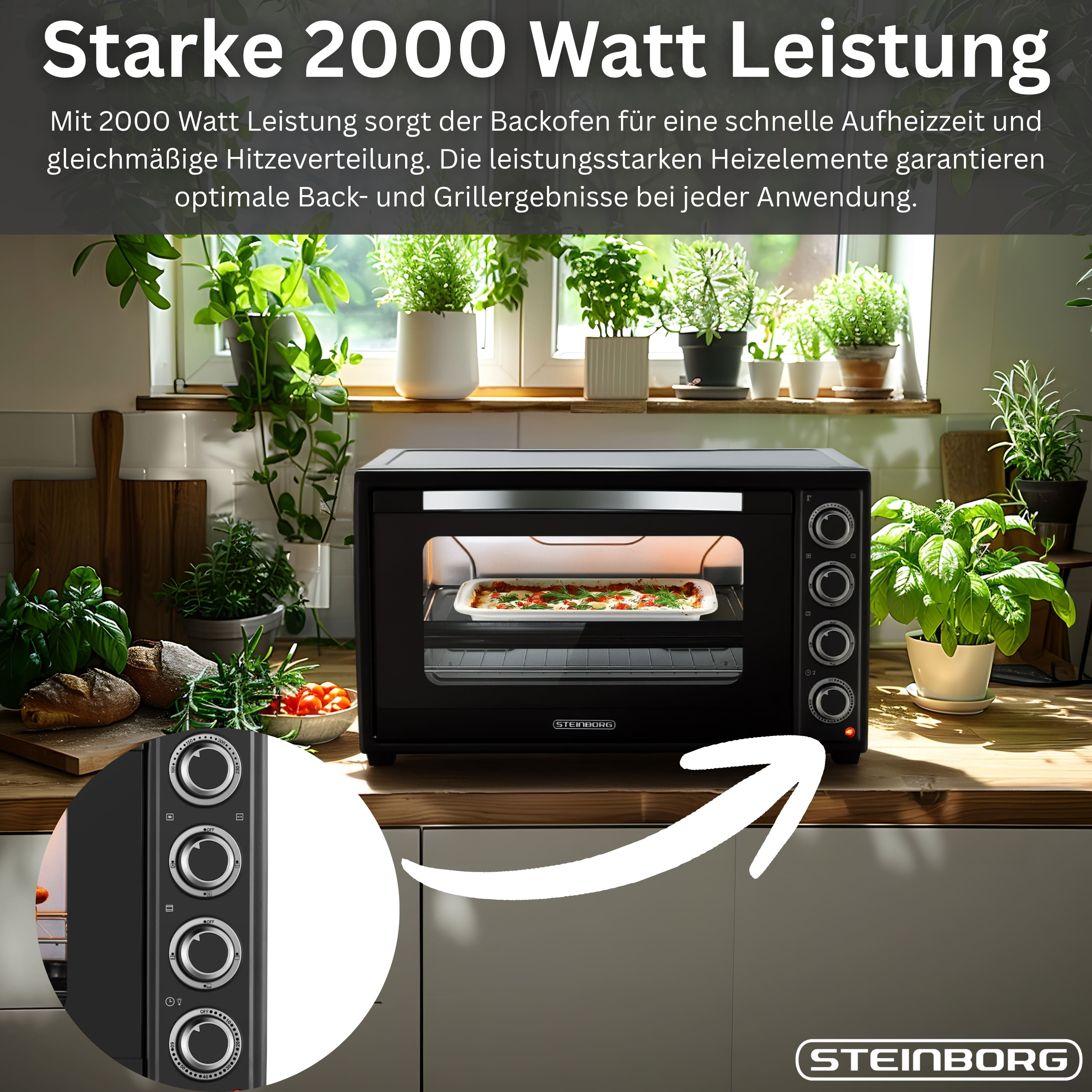 Ein schwarzer Backofen mit Pizza in der Mitte, daneben Brot und Kräuter.