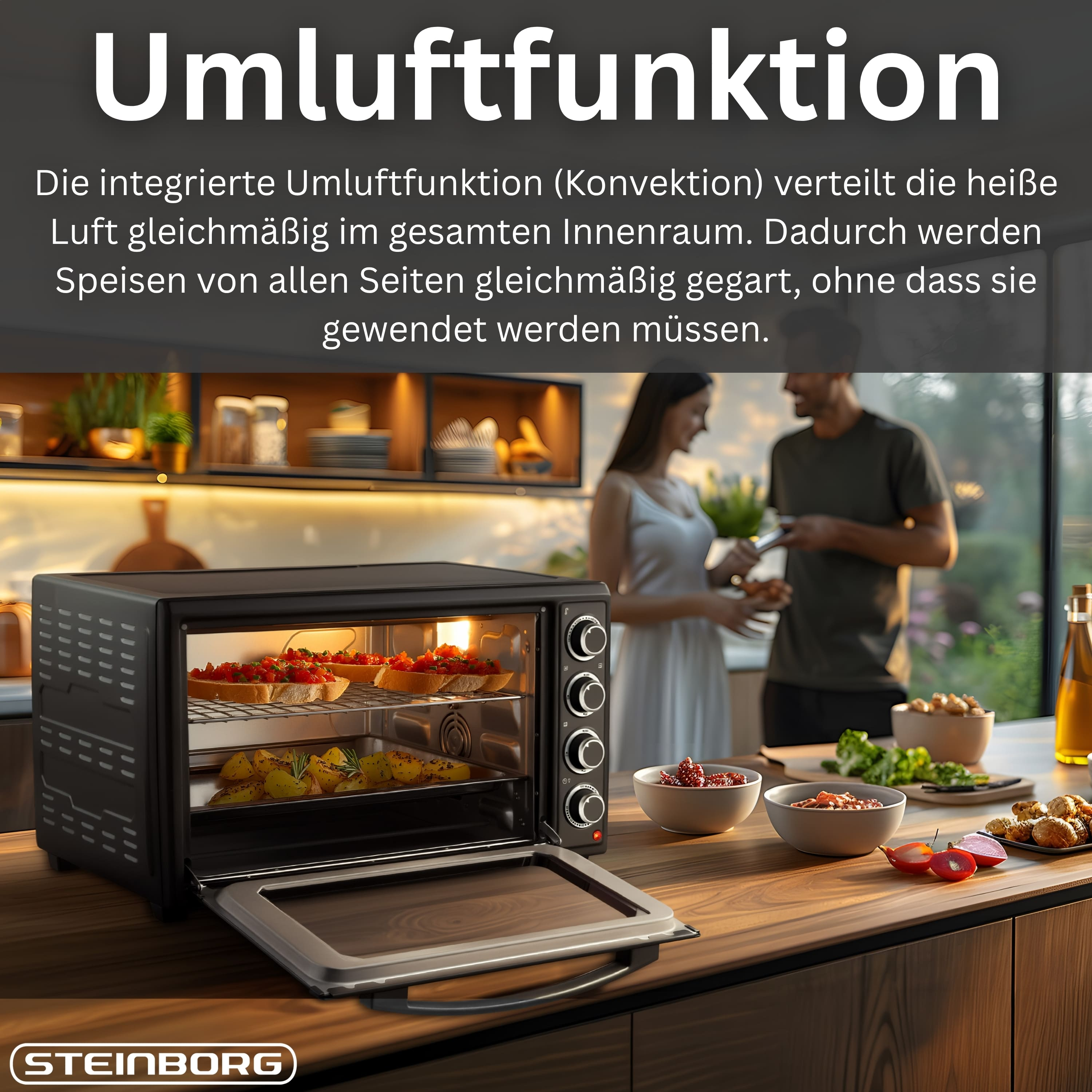 Ein schwarzer Minibackofen mit Toast und Kartoffeln, daneben Schüsseln mit Essen.