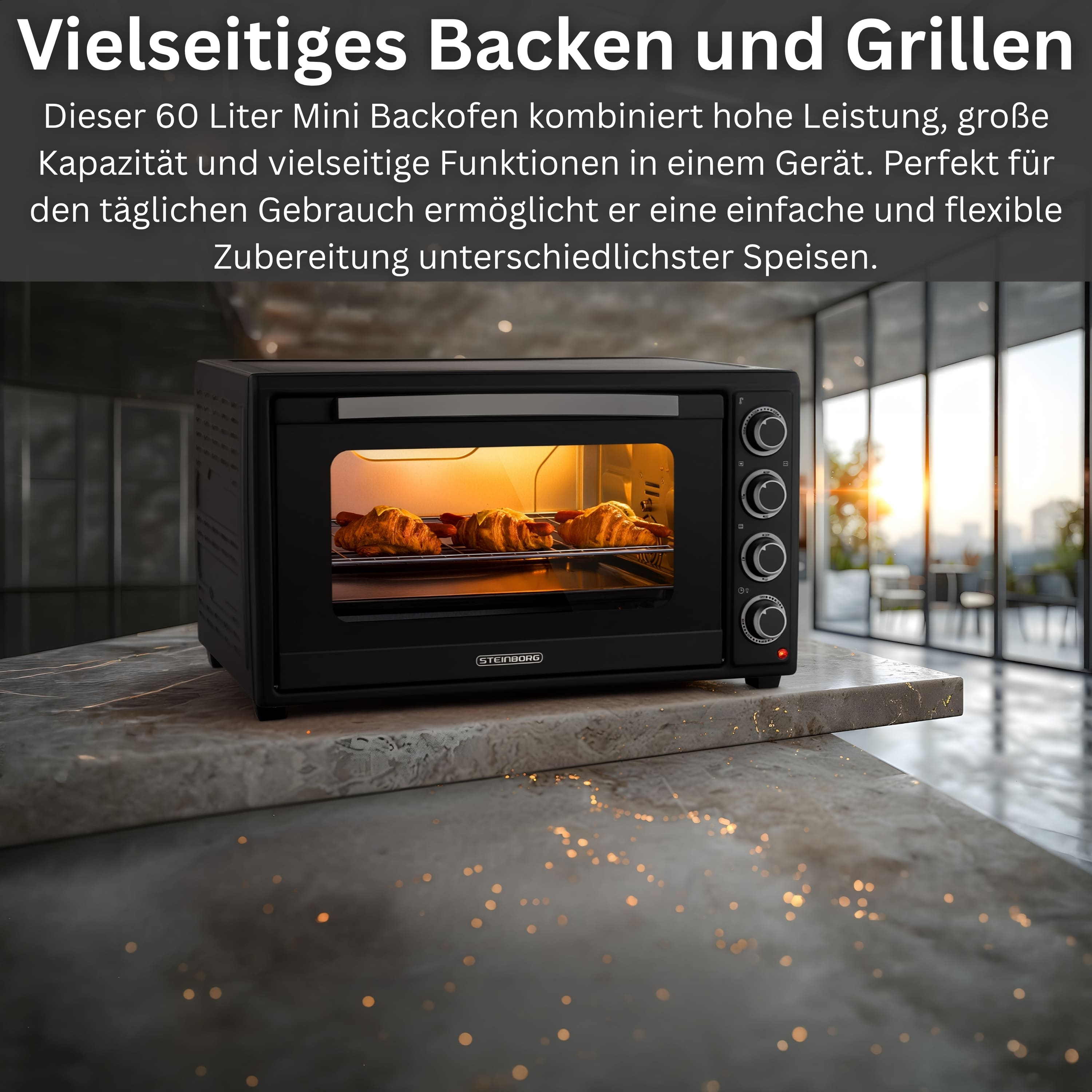 Ein schwarzer Mini-Ofen mit Croissants und Würstchen darin, leuchtend innen.