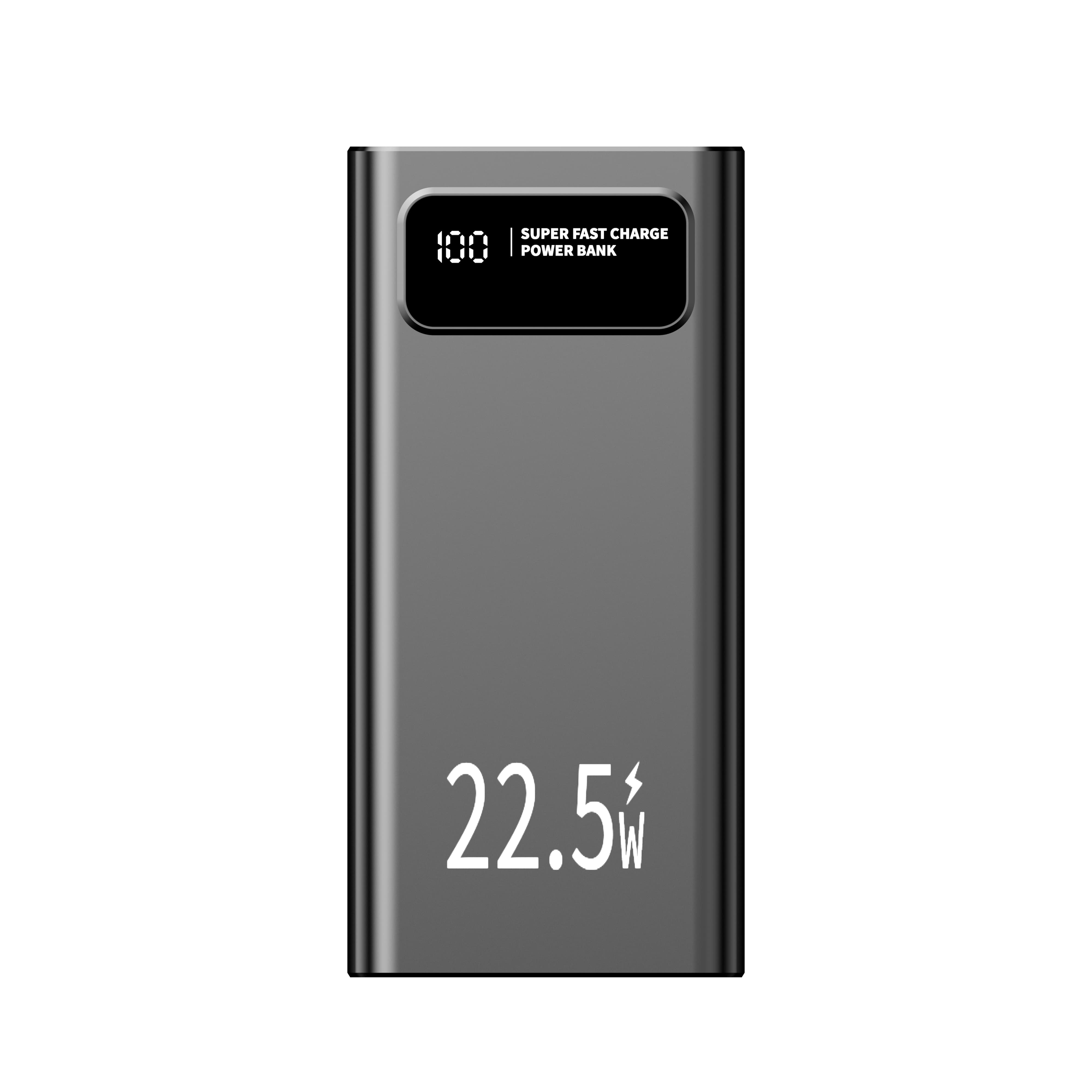 Power bank grigio con carica al 100% e indicazione 22.5W.