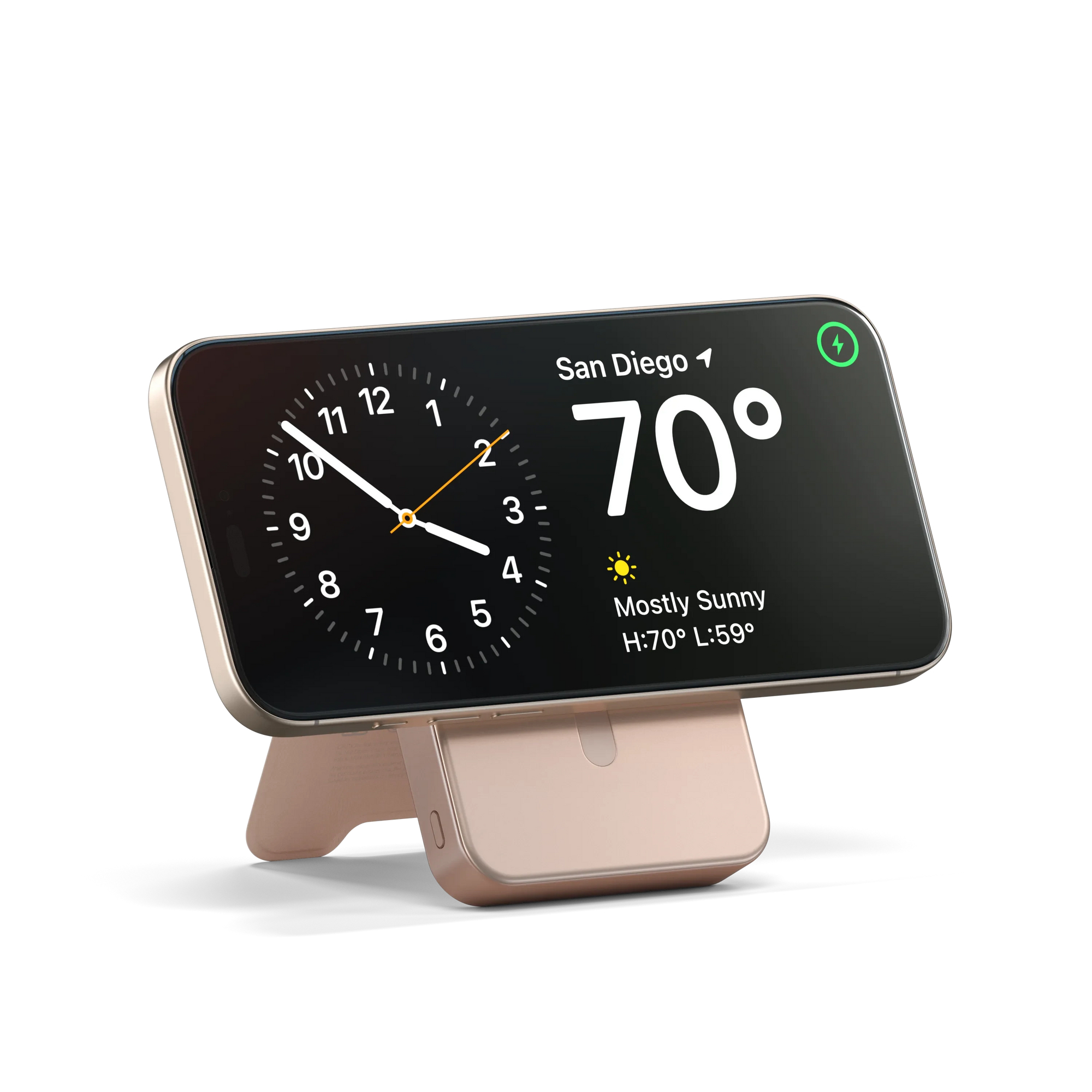 Ein goldener Ständer hält ein Smartphone, das eine Uhr und das Wetter anzeigt.