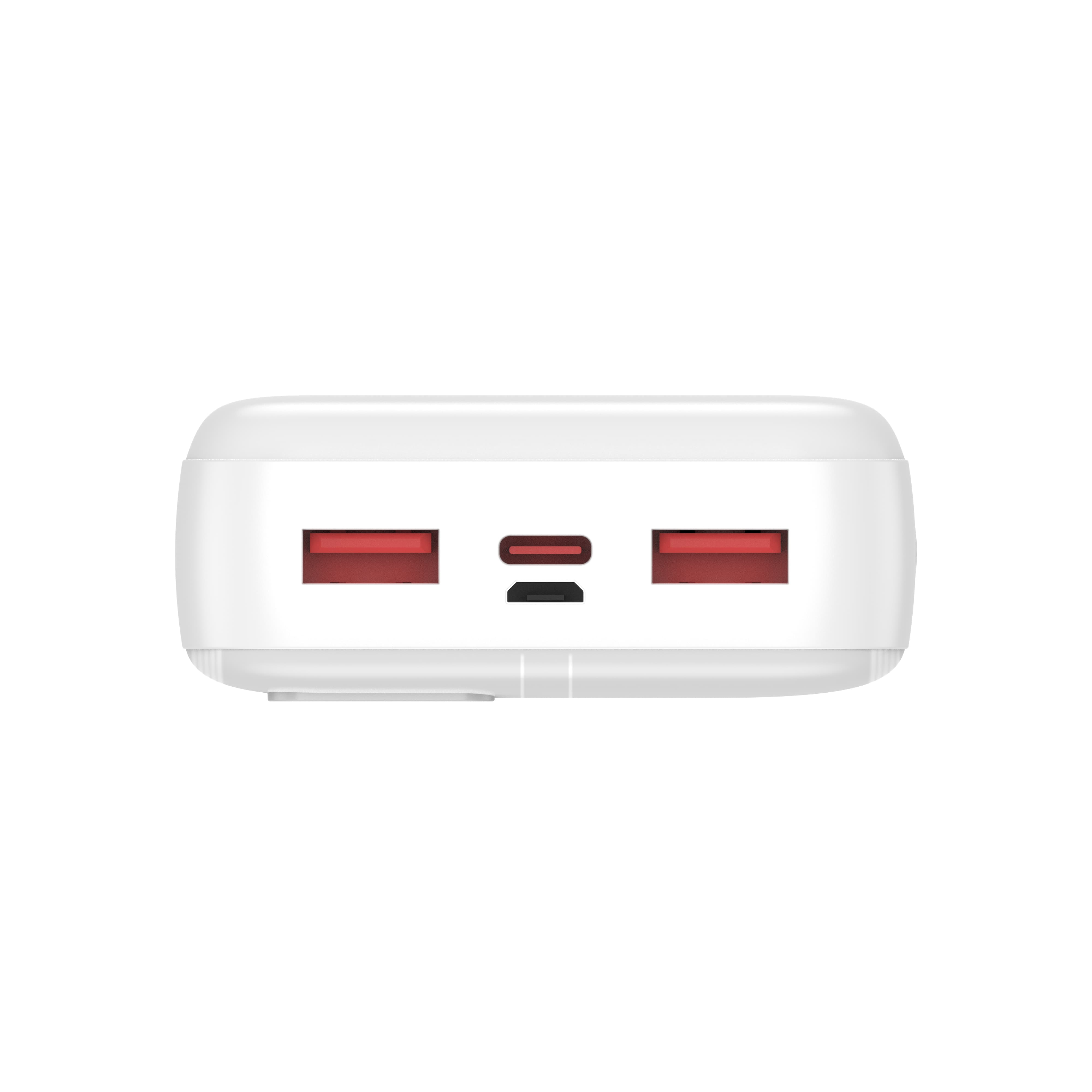 Vista superior de una batería externa rectangular blanca con dos puertos USB-A rojos y un puerto USB-C negro en el centro.