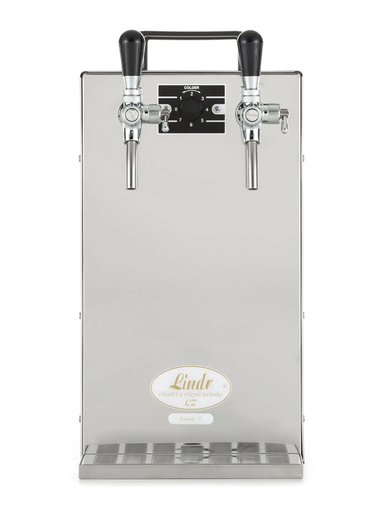 Een zilveren biertap met twee tappen en een temperatuurregelaar.