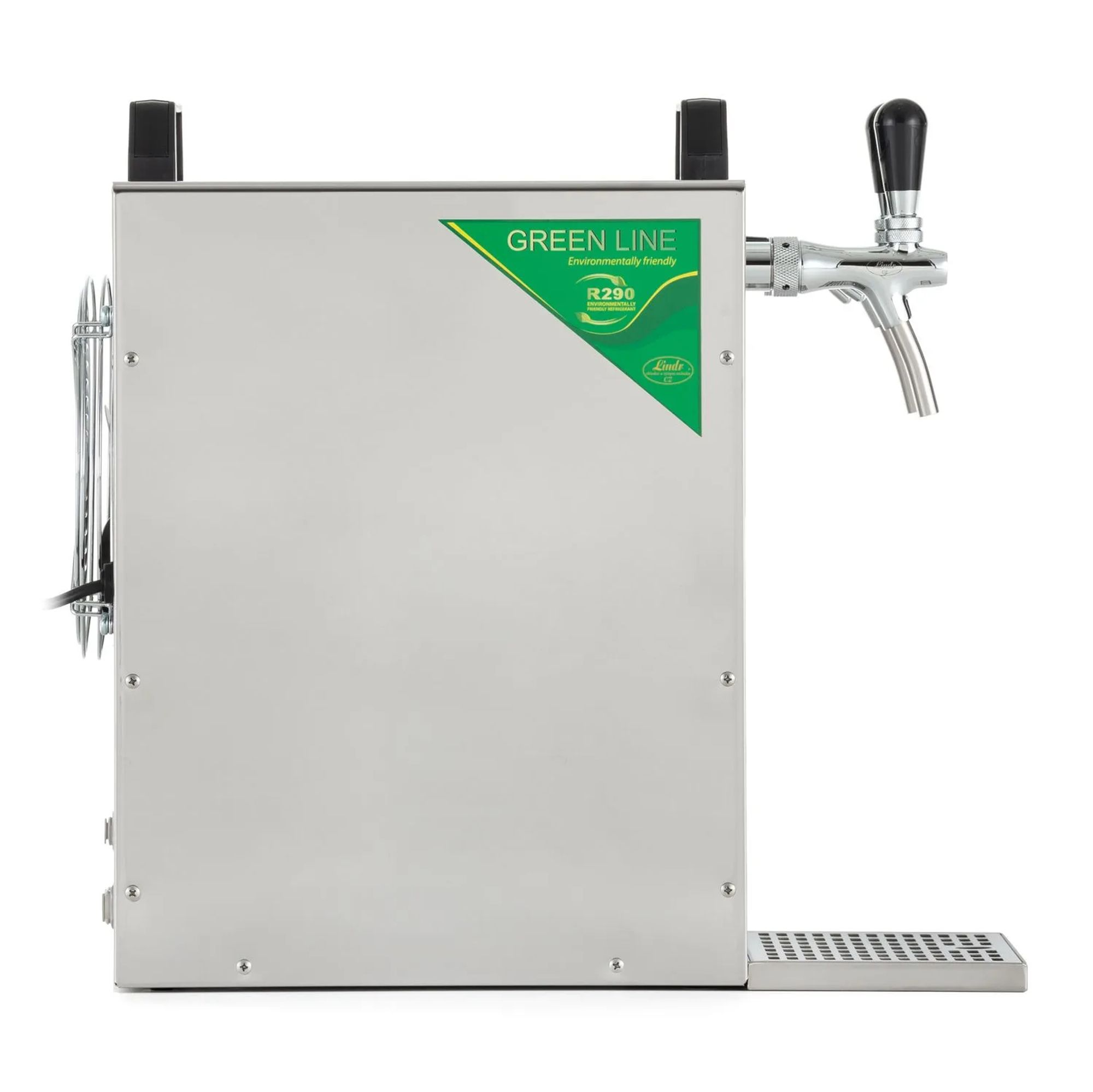 Een zilveren biertap met zwarte hendel en groen "Green Line" label.