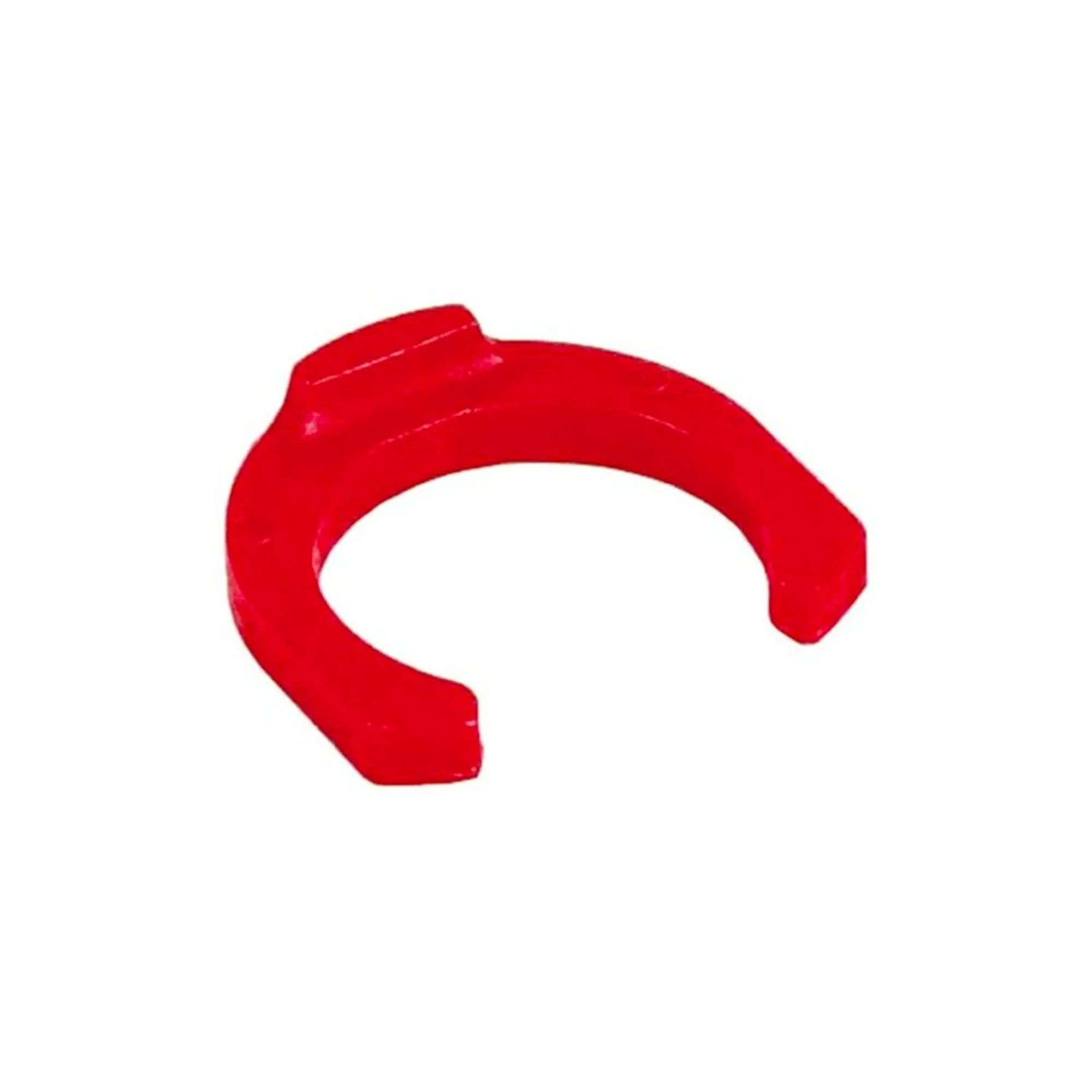 Een rood hoefijzervormig object met een opening in het midden.