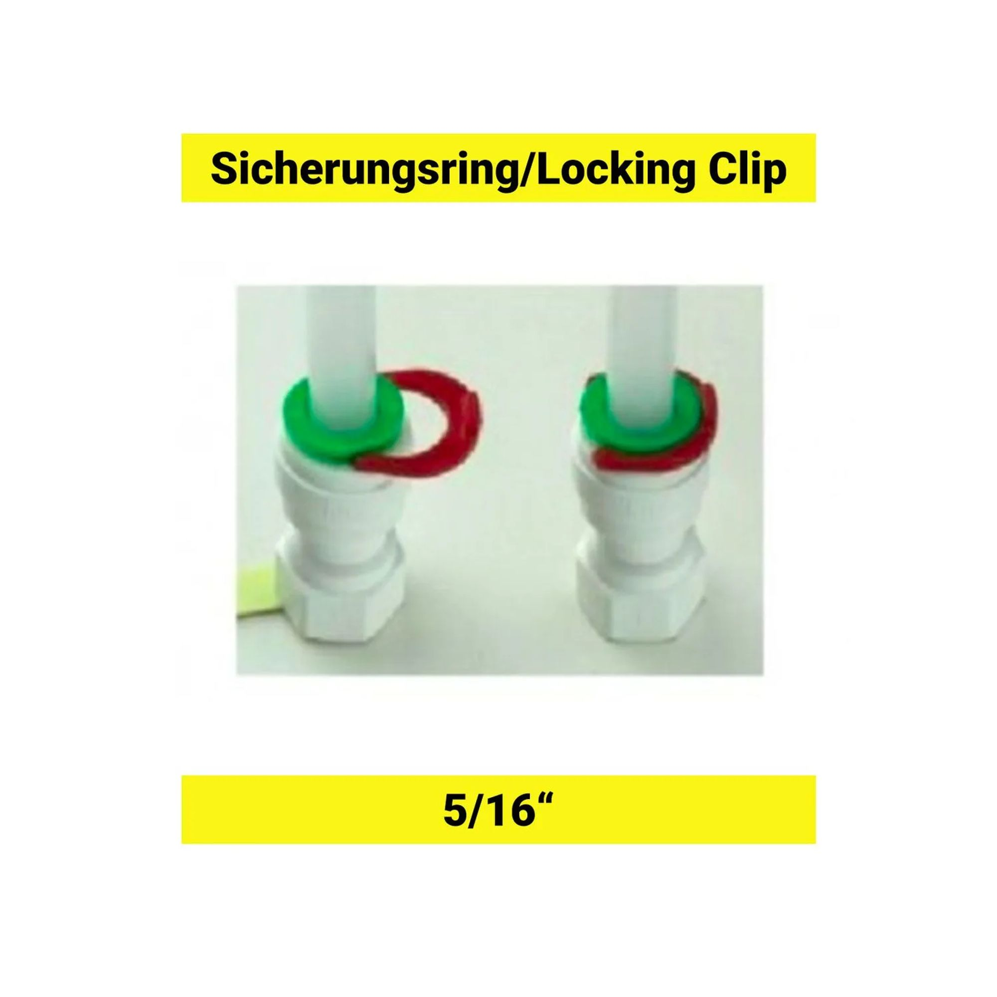 Twee witte snelkoppelingen met rode en groene borgclips. 5/16 inch.