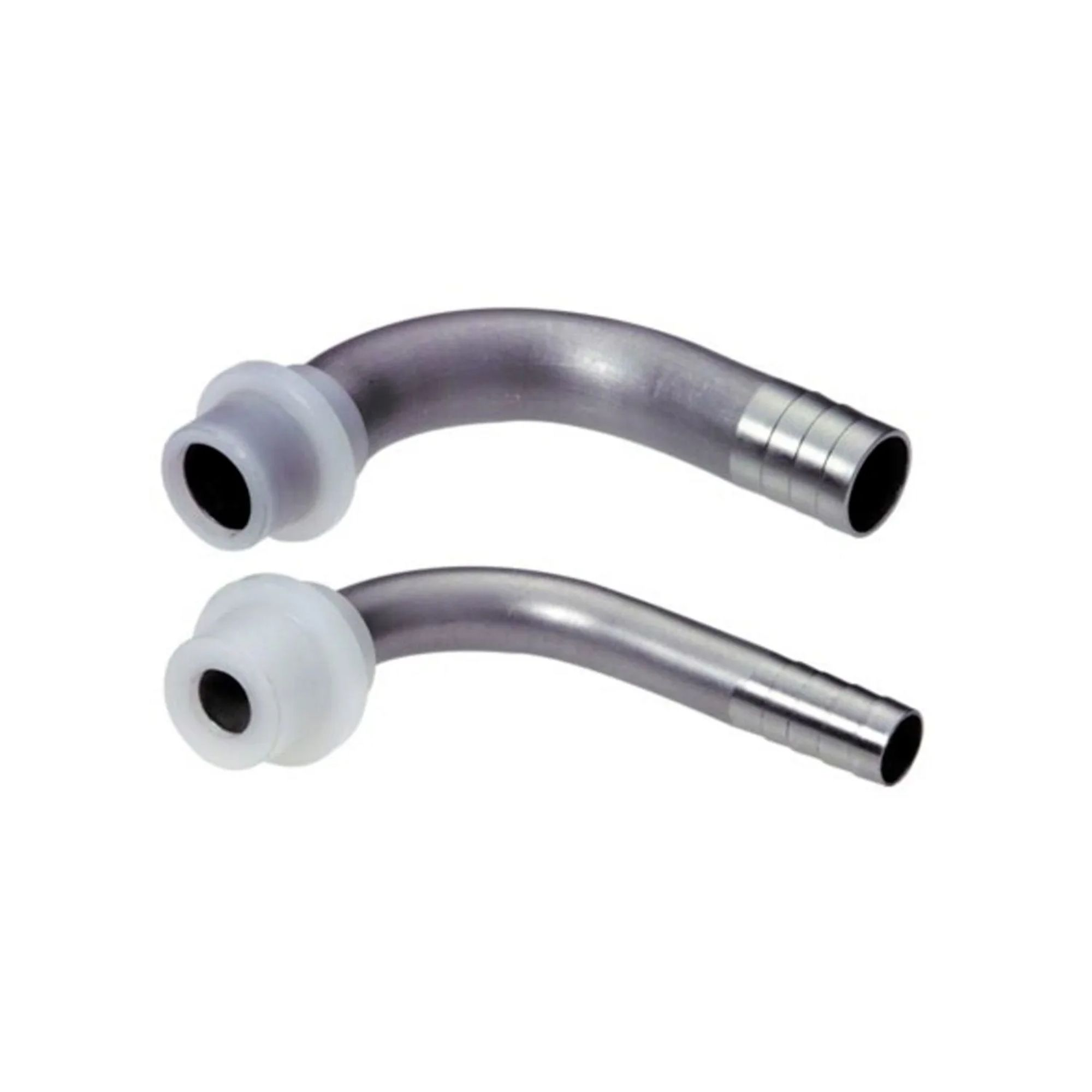 Twee gebogen metalen buizen met witte connectoren op witte achtergrond.