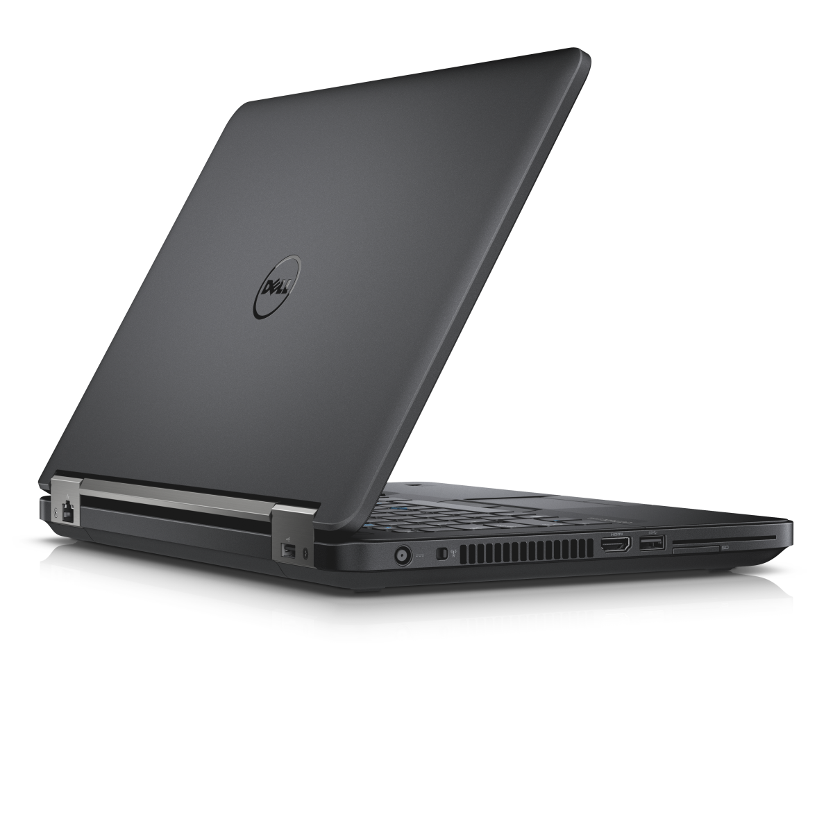 Ein schwarzer Dell Laptop mit geöffnetem Deckel, Blick auf die rechte Seite mit Anschlüssen.