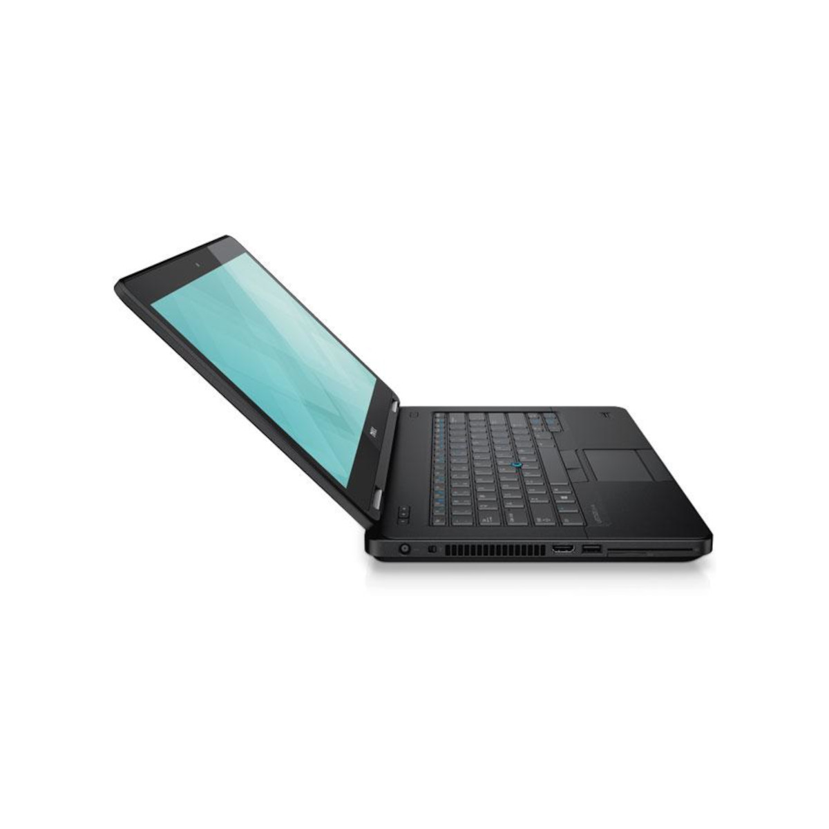 Ein schwarzer Laptop mit geöffnetem Bildschirm und Tastatur auf weißem Hintergrund.