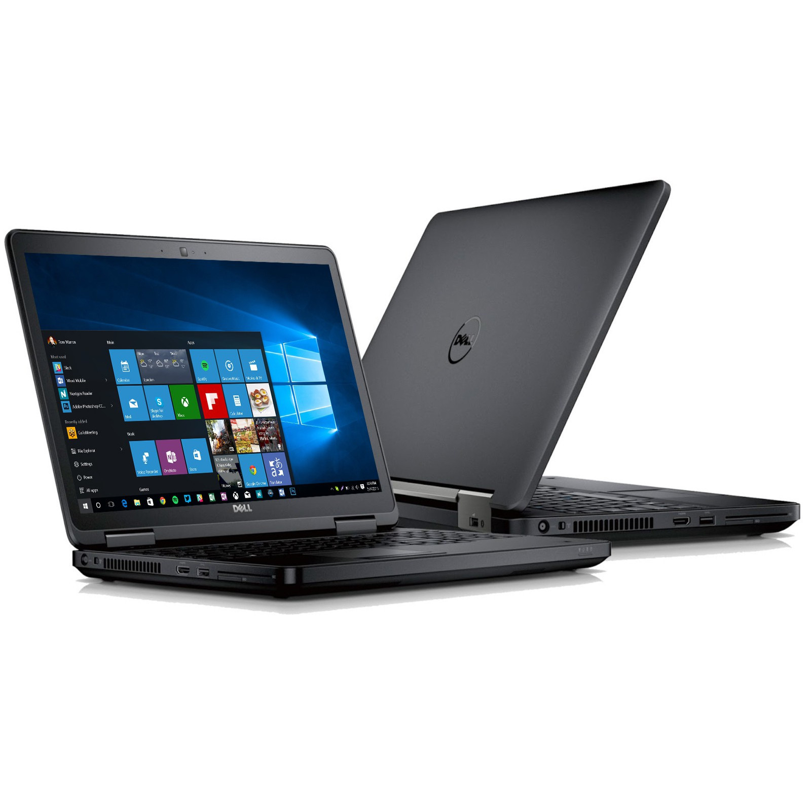 Zwei schwarze Dell Laptops auf weißem Hintergrund, einer geöffnet mit Windows-Startmenü.