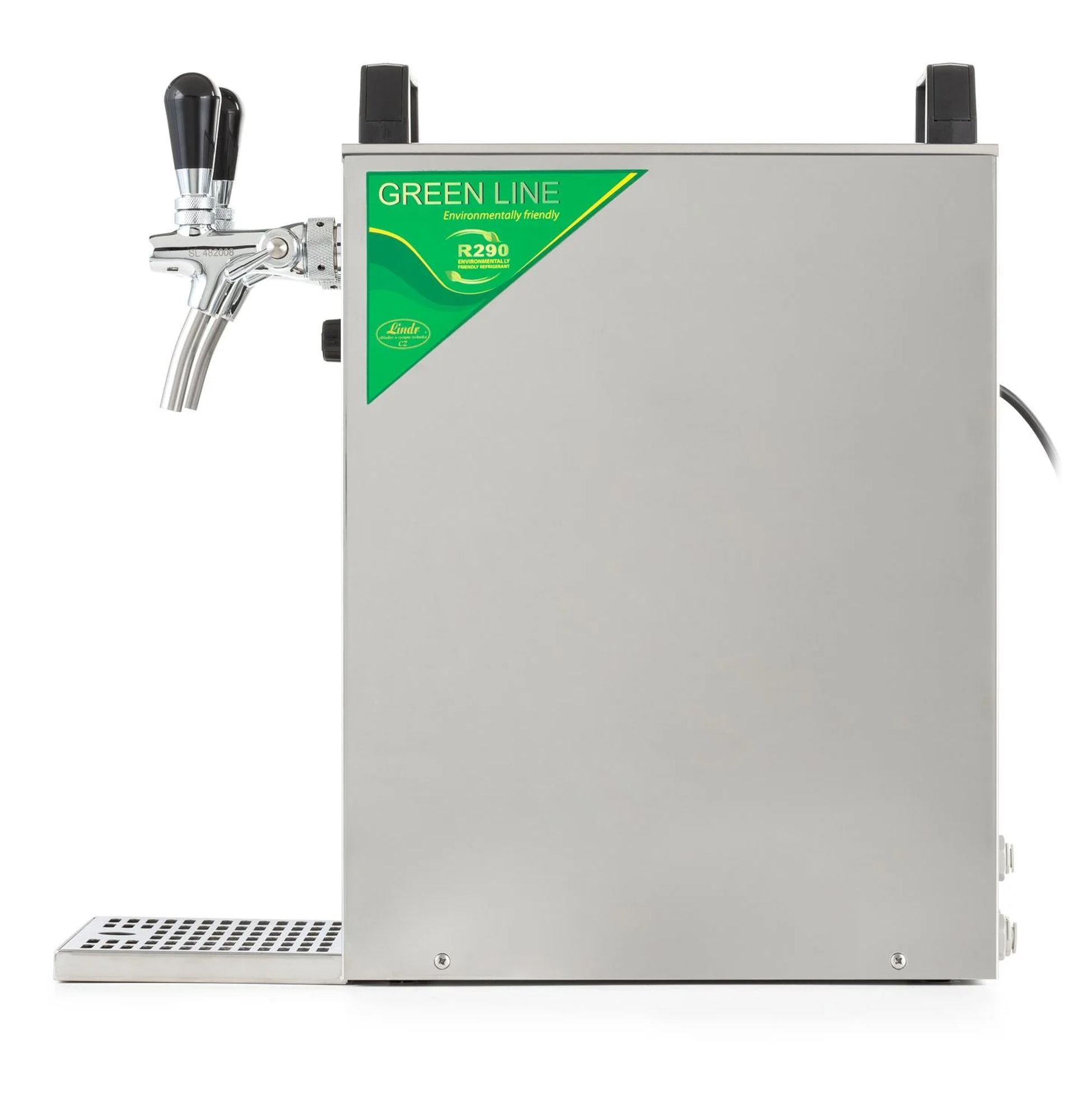 Roestvrijstalen bierkoeler met twee tappen en een groen 