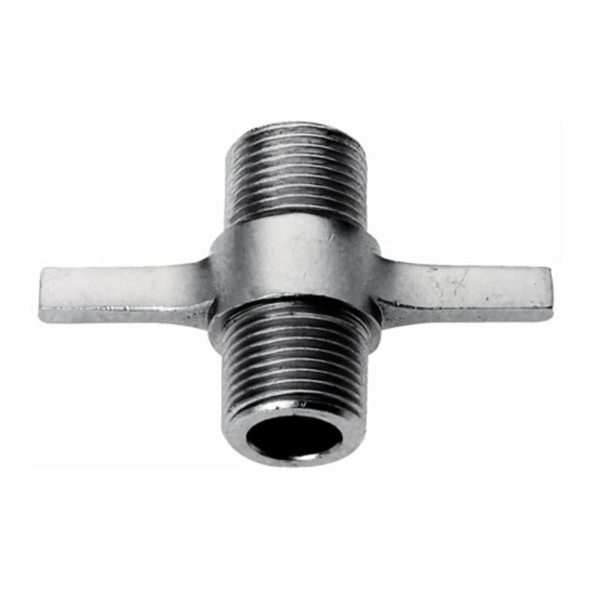 Een metalen kruisfitting met buitendraad aan drie zijden en een platte zijde.