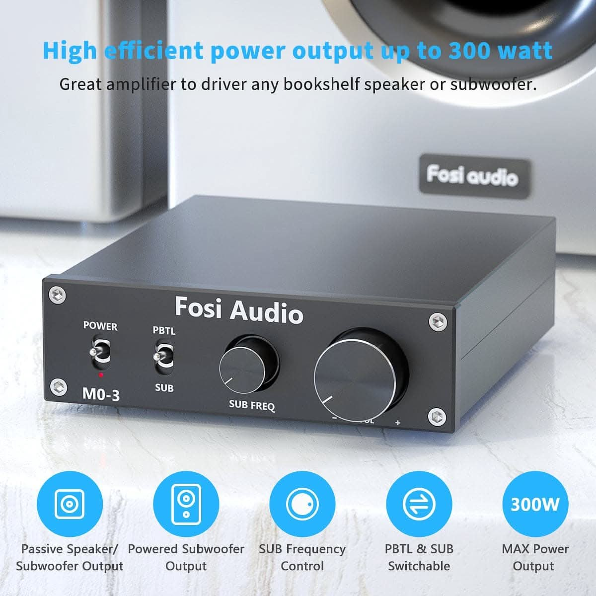 Black Fosi Audio amplifier with knobs and switches, 300W power output.