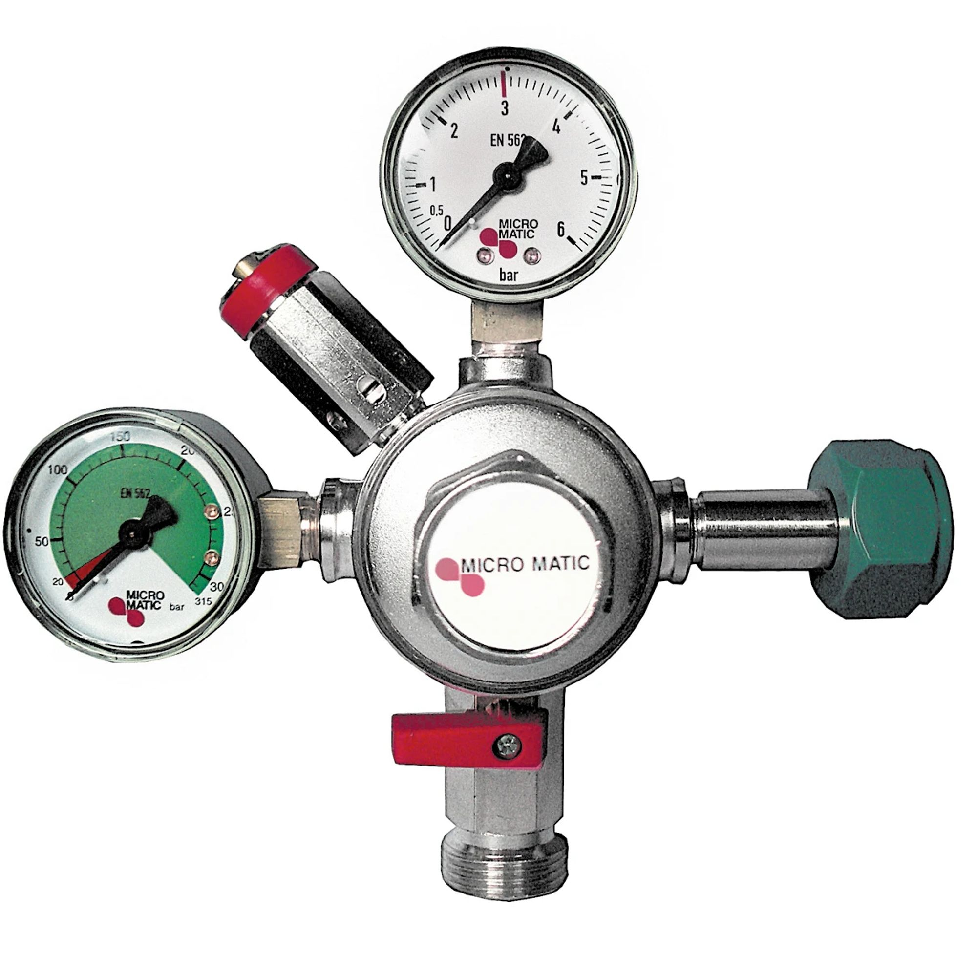 Een drukregelaar met twee meters, een rood ventiel en een groene connector.