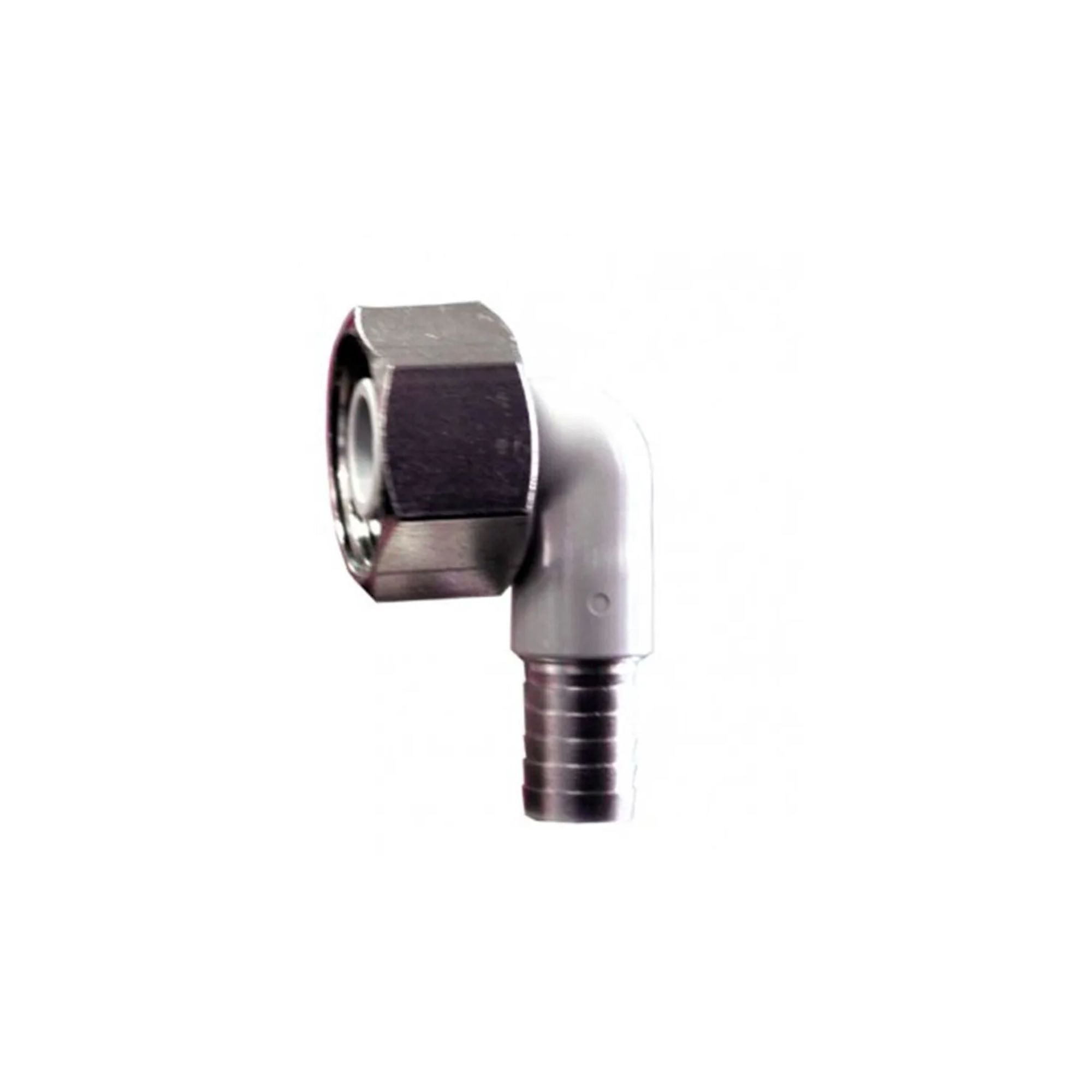 A silver 90-degree hose connector with a swivel nut and a ribbed hose barb end.