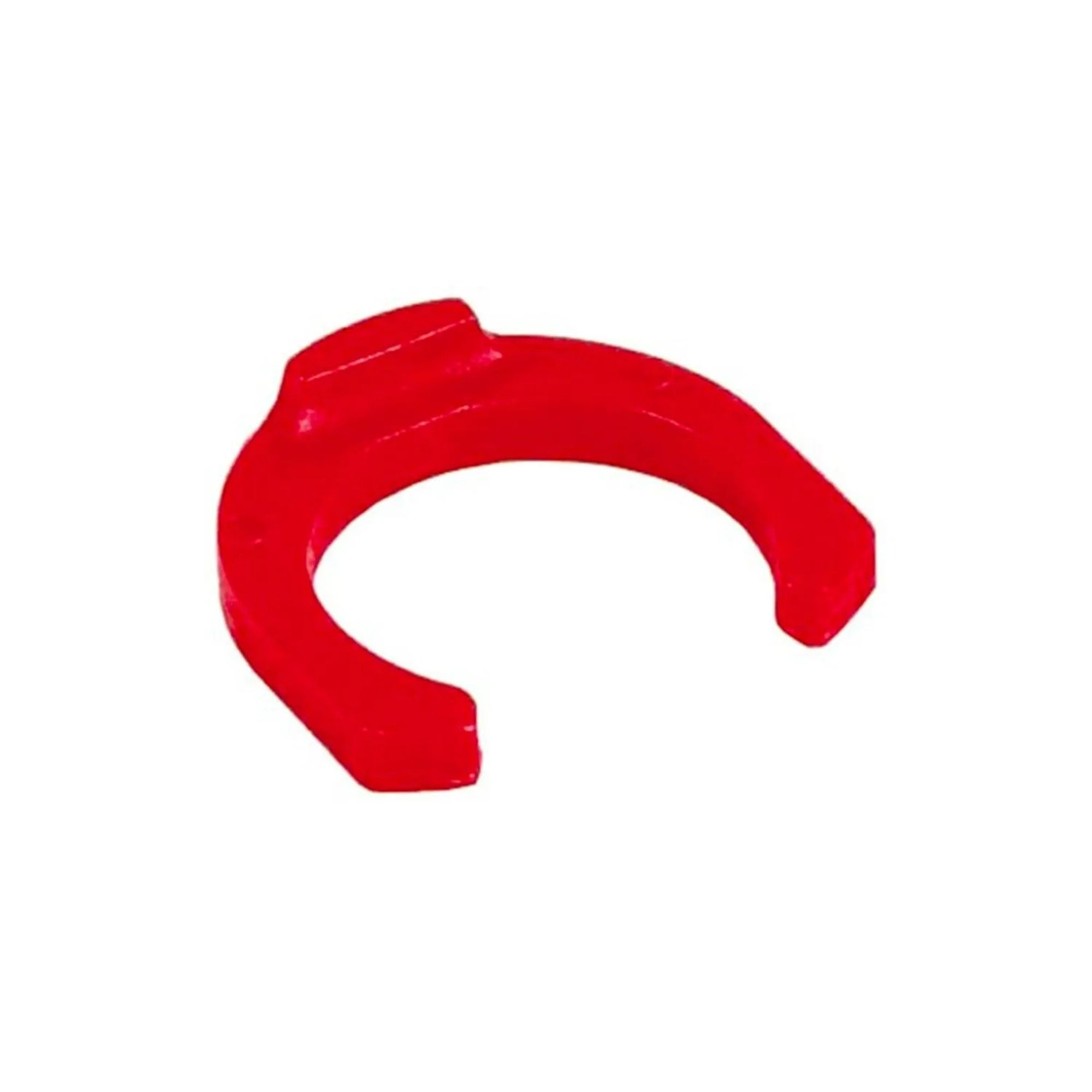 Een enkel rood, gebogen plastic onderdeel met een inkeping aan de bovenkant.