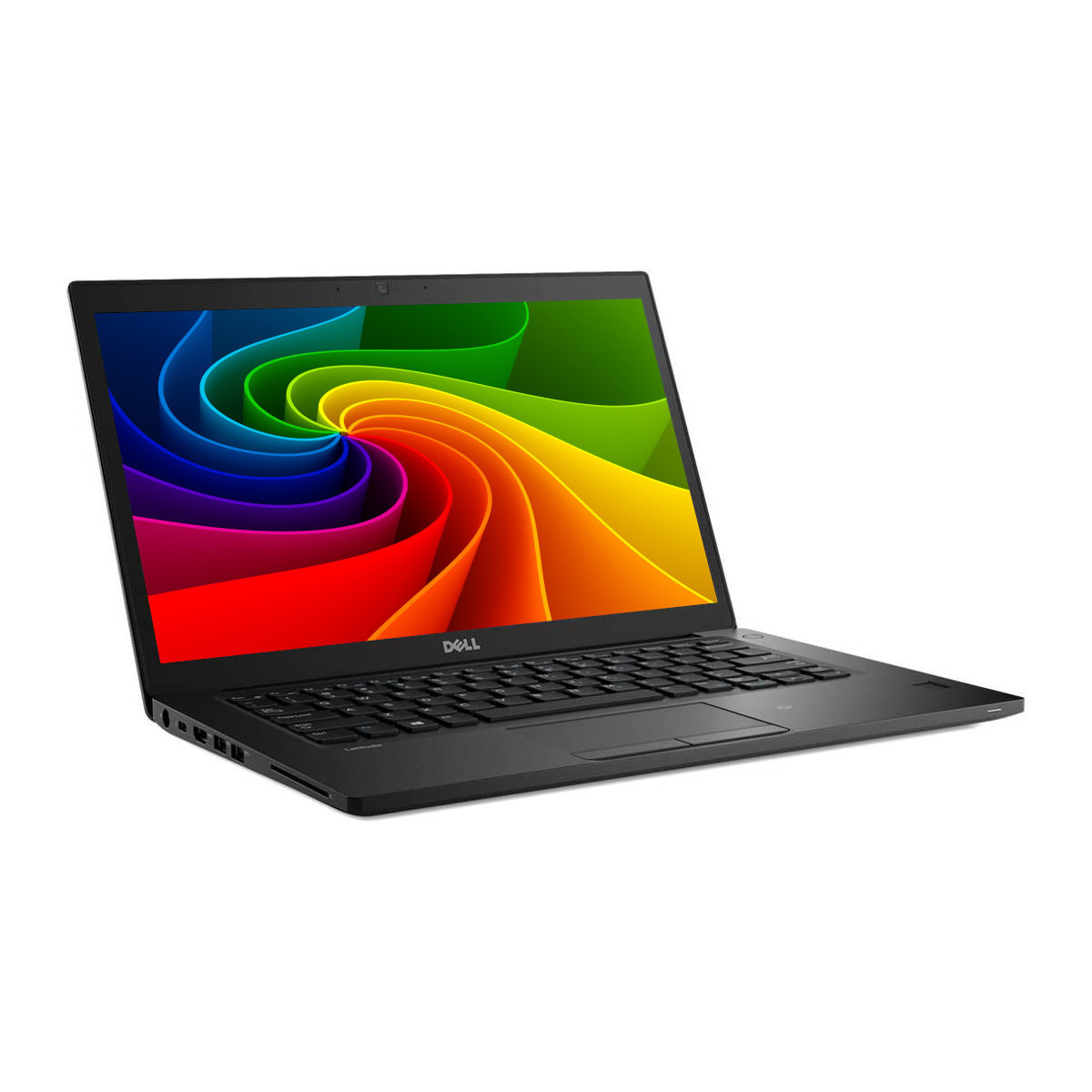 Schwarzer Dell Laptop mit buntem Hintergrund auf dem Bildschirm.