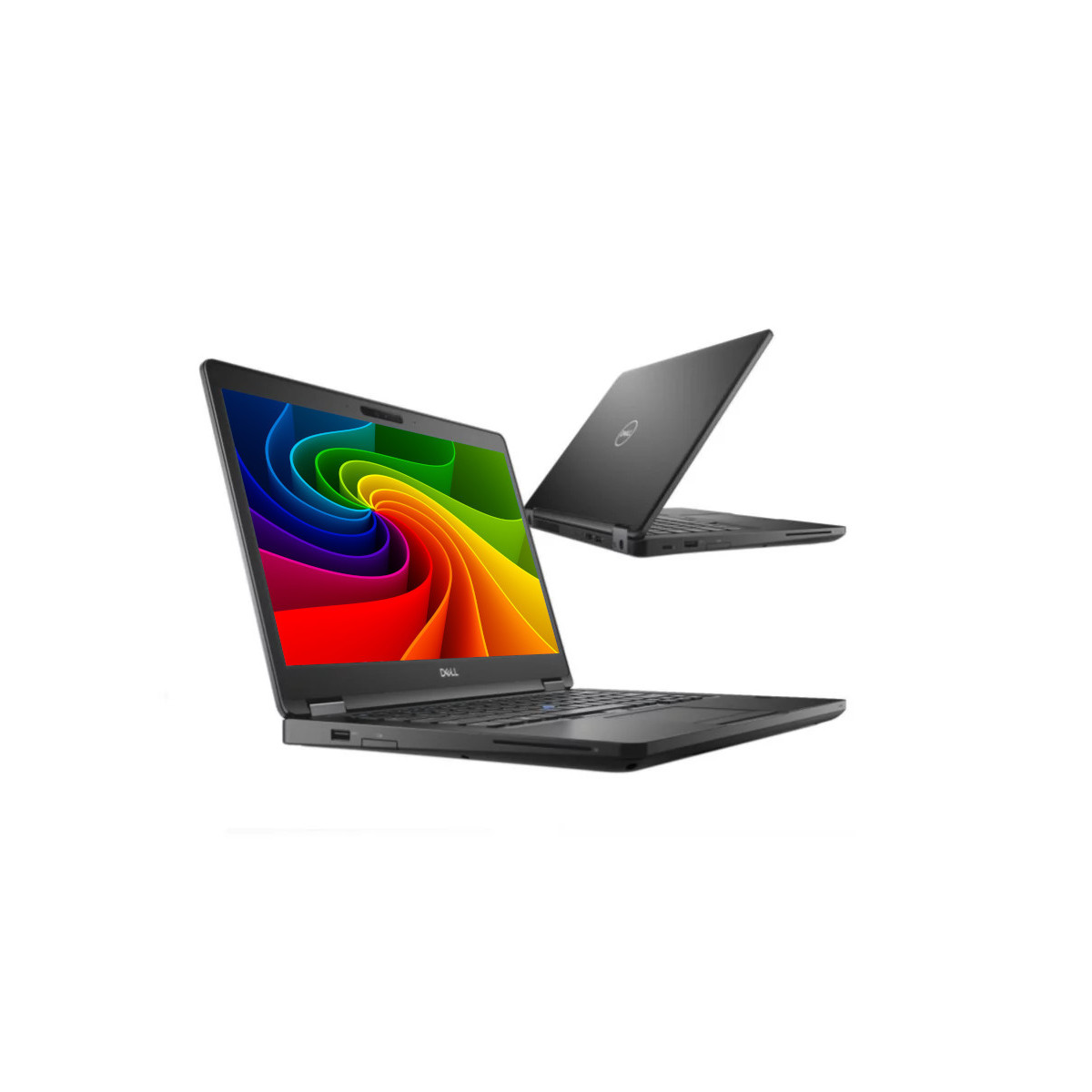 Zwei schwarze Dell-Laptops mit farbigem Bildschirmschoner auf weißem Hintergrund.