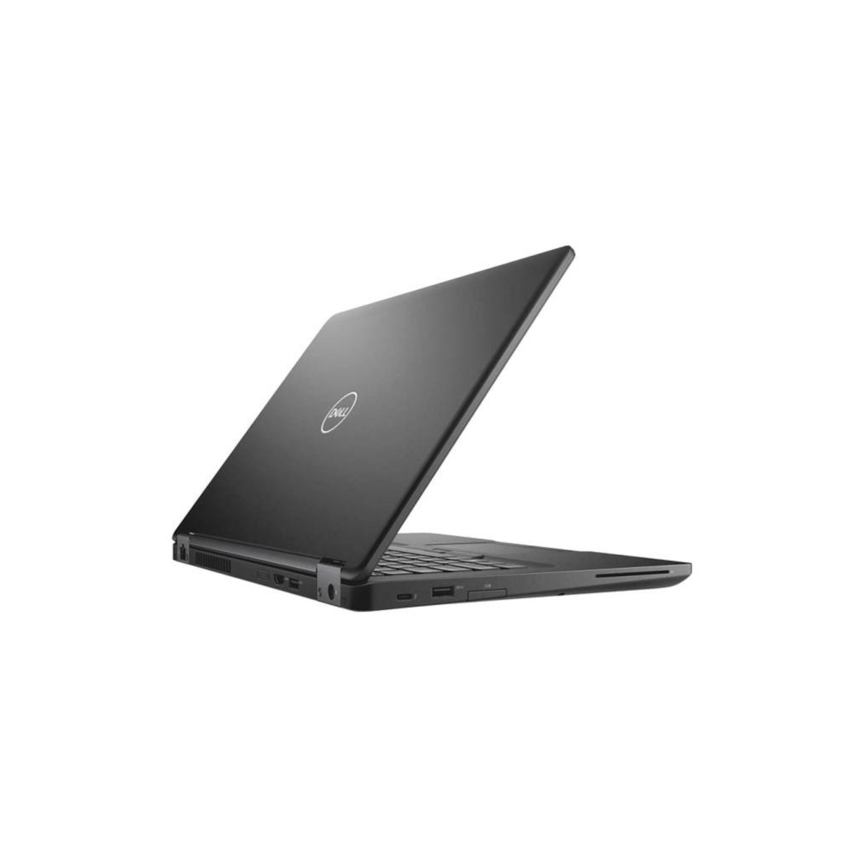 Schwarzer Dell Laptop mit offenem Deckel, von der Seite gesehen.