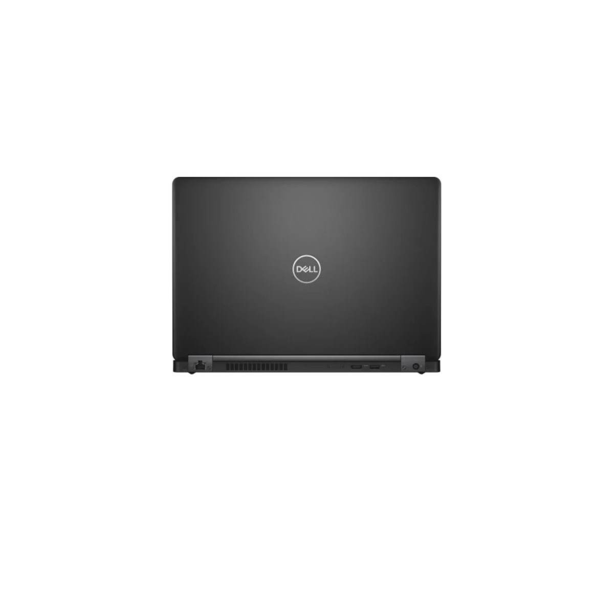 Ein geschlossener schwarzer Dell Laptop von hinten mit dem Dell-Logo.