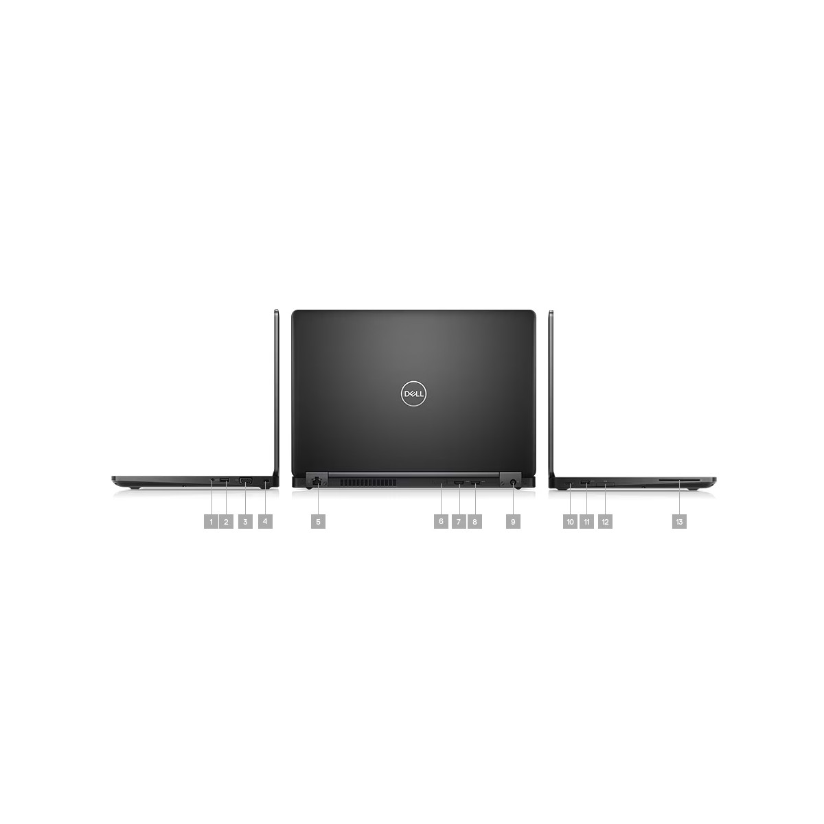 Drei Ansichten eines schwarzen Dell Laptops: Rückseite, linke und rechte Seite mit Anschlüssen.