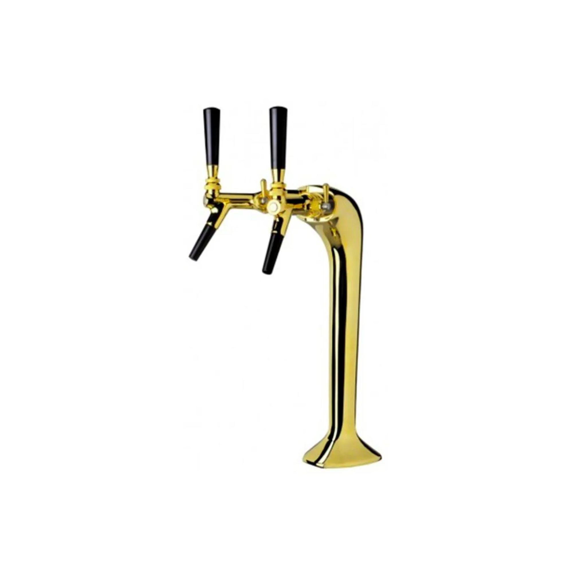 Een glanzende gouden biertap met twee uitlopen en zwarte handvatten.