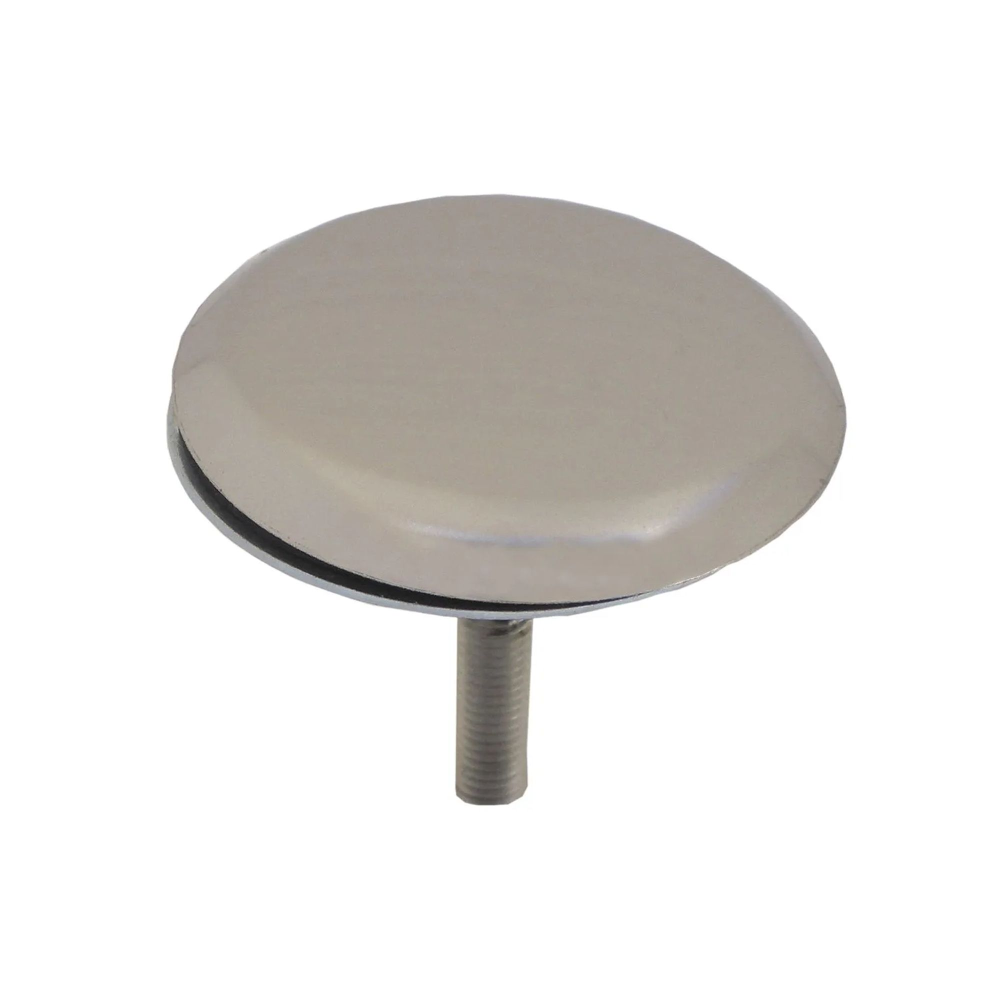 Een glanzende, ronde afvoerstop met een schroefdraadsteel.