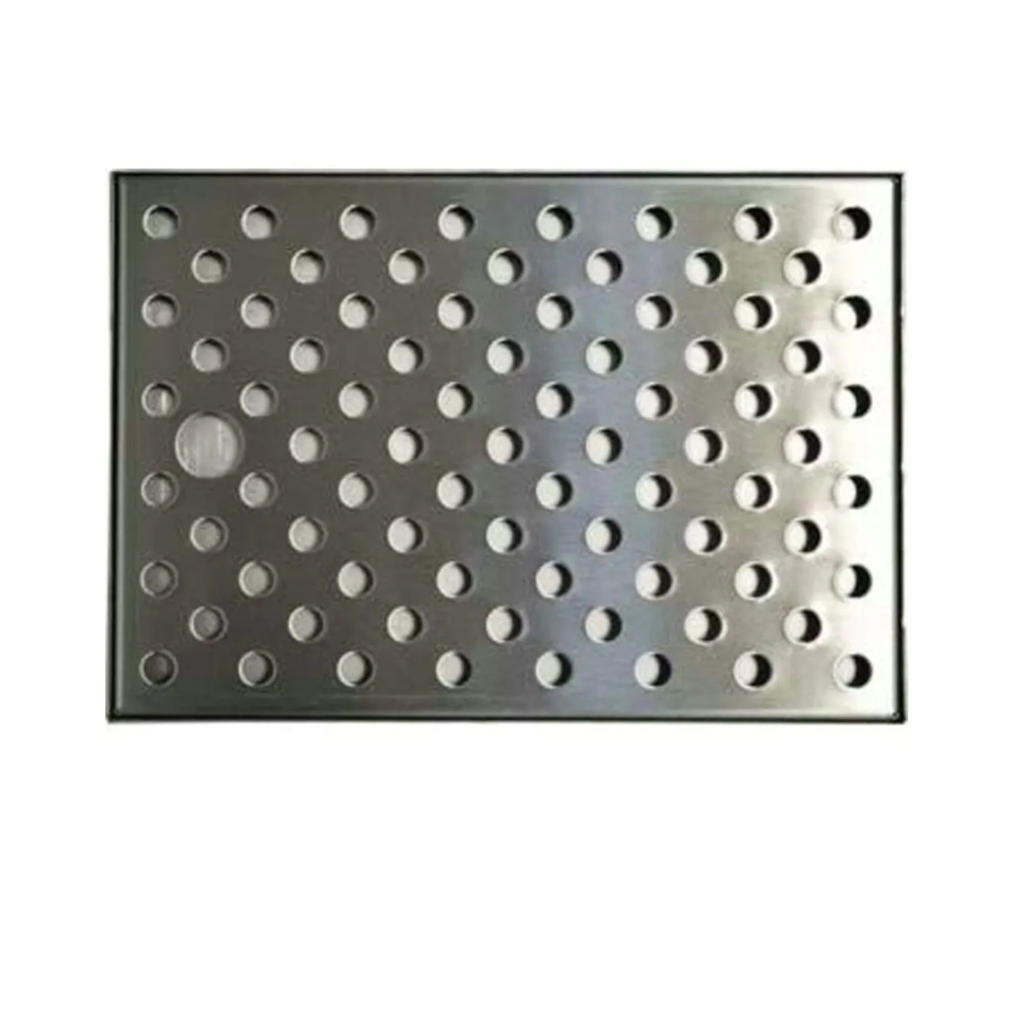 A rectangular, silver metal plate with numerous round perforations.