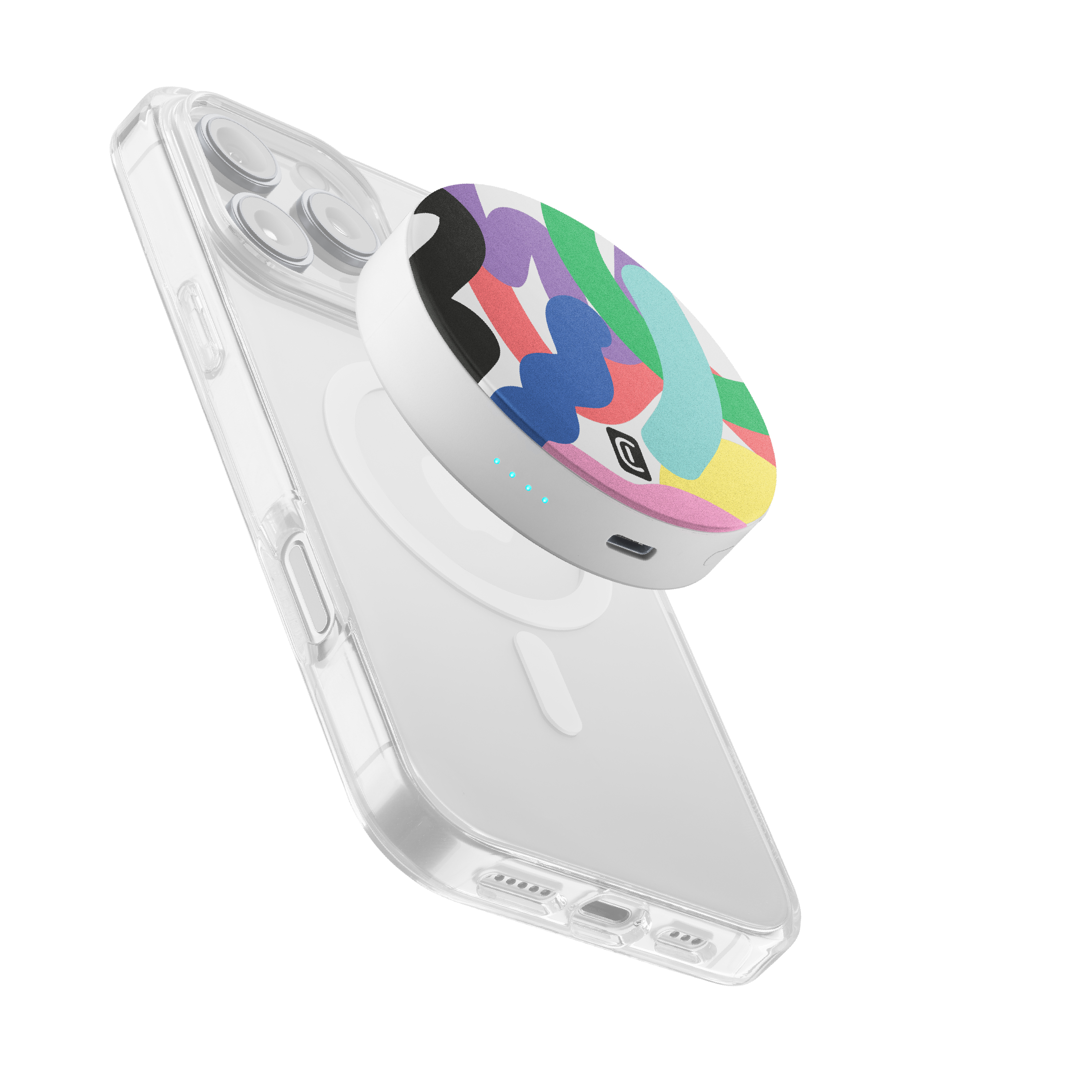 Una custodia trasparente per telefono con un pop socket colorato sul retro.