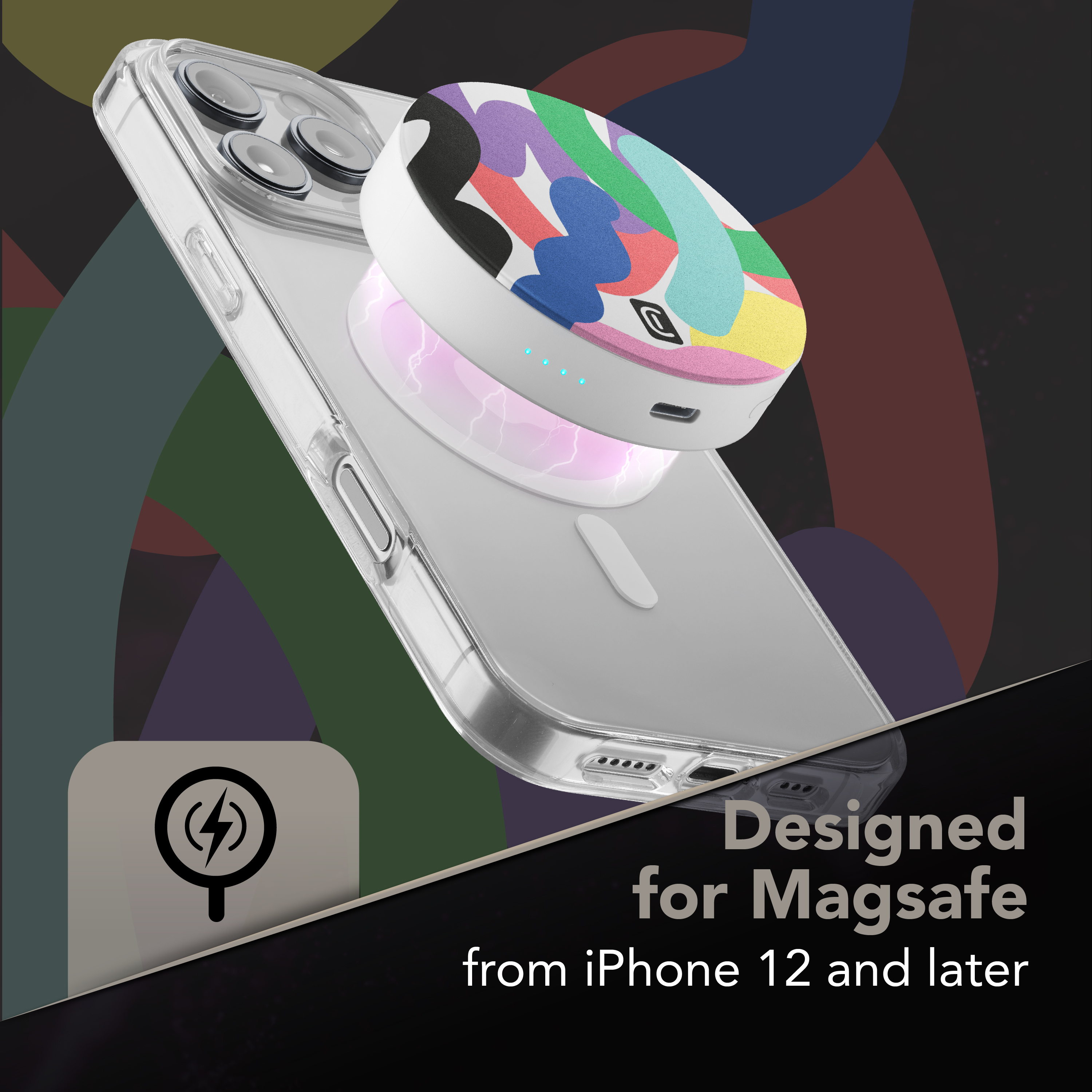 Mostrata una cover trasparente per telefono con pop socket colorato, per MagSafe.